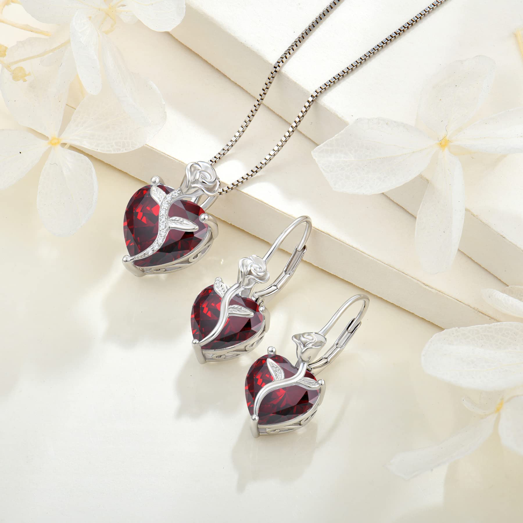 FJ Orecchini Pendenti Donna in Argento Sterling 925 Orecchini Pietre Portafortuna Orecchini di Fiori di Rosa Gioielli per Donna Amiche Moglie Mamma