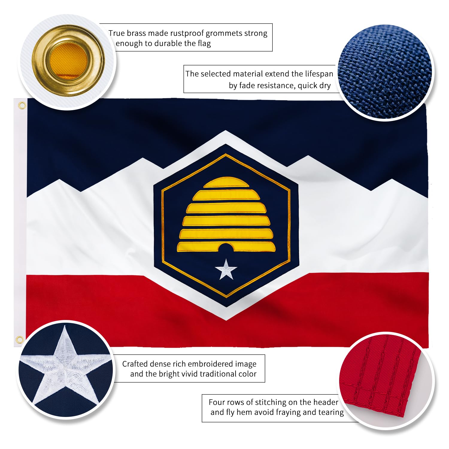 Doppelseitige Flagge Des Bundesstaates Utah | 3x1,5 M | 210D Nylon | Bestickt & Genäht | Für Den Außenbereich