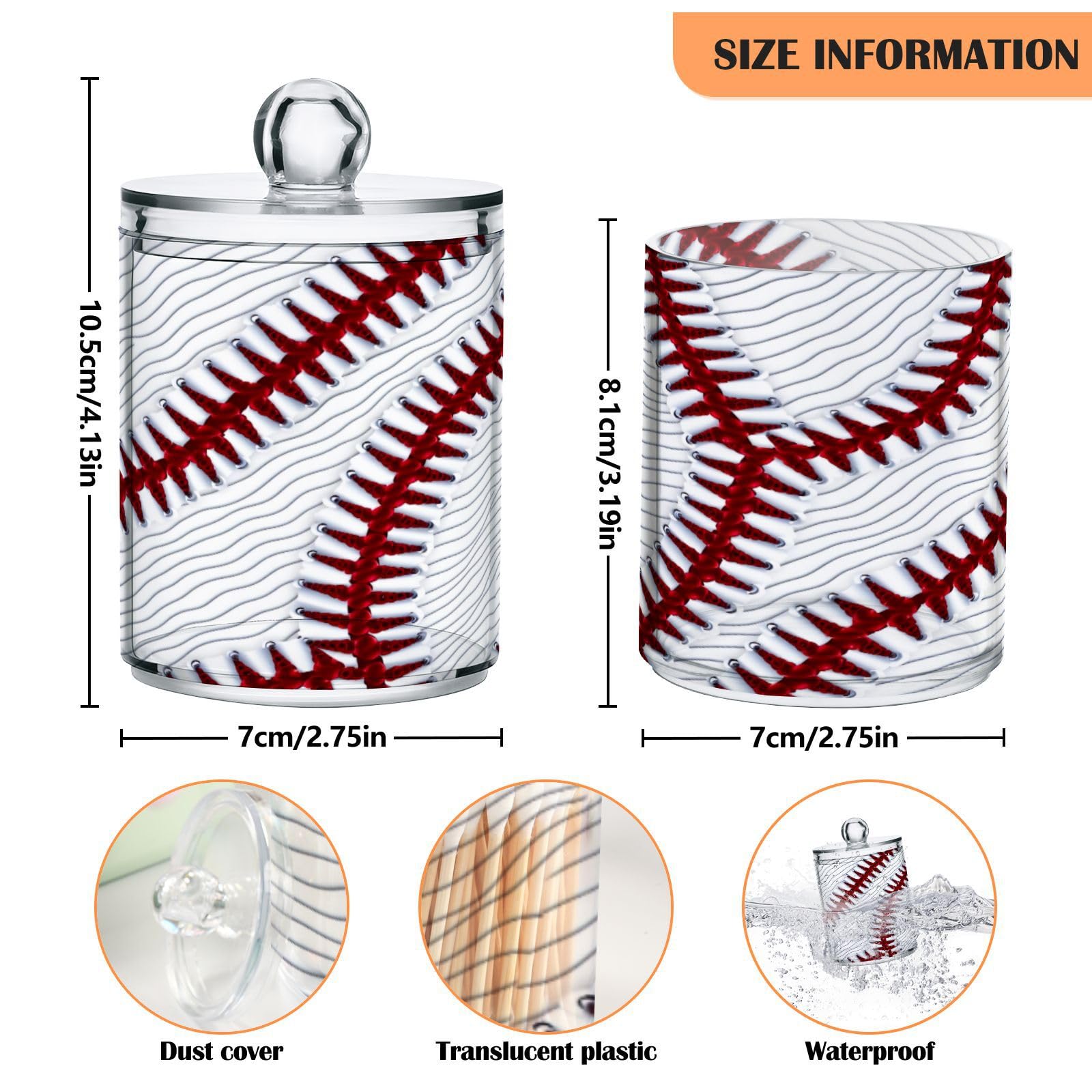 JUZIHAI Sport Baseball Print 2 Pack Qtip Holder Dispenser Clear Plastic Apothecary Jar with Lid Bathroom Organizer Vanity Makeup Storage Containers for Cotton Ball, Cotton Swab, Floss
