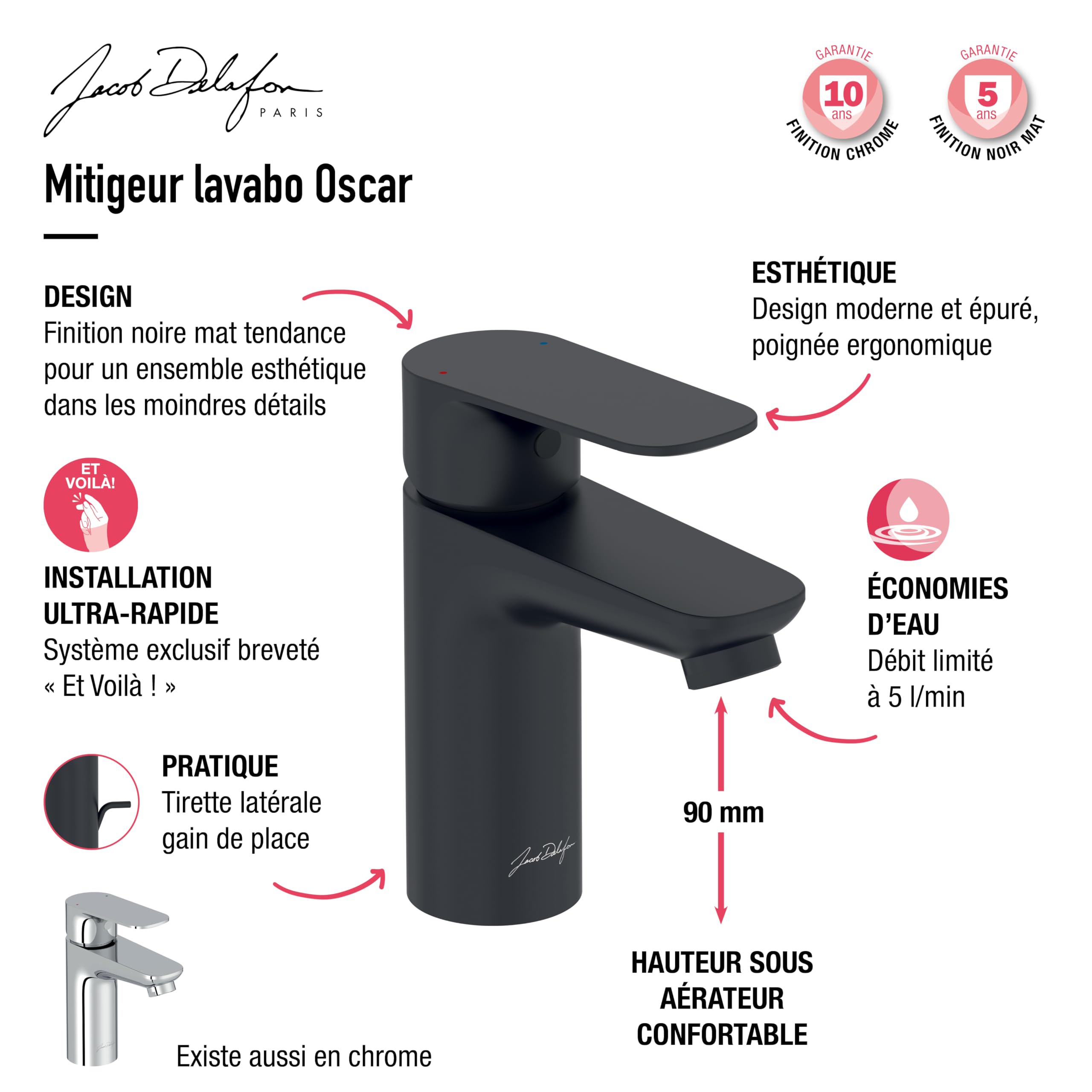 Jacob Delafon Mitigeur Lavabo Oscar, avec Vidage et Flexibles, Chrome | Installation brevetée en 35s. Cartouche céramique. Débit 5L/min. Bec 9cm