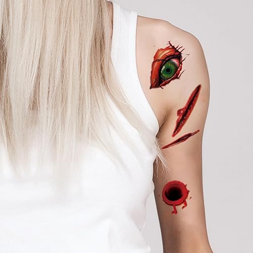 Miniatura 4 de Calcomanías de tatuaje de Halloween, cicatriz sangrienta, tatuajes temporales de Halloween, 16 hojas de tatuajes de calavera herida, decoración de