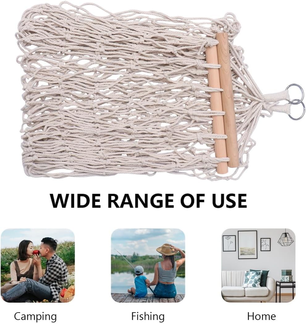 Cotton Rope Mesh Hammock with Wood Stick, Swing Hanging Chair for Outdoor Indoor Camping, Portable Lightweight Leisure Sleeping Bed with Carry Bag and Tie Ropes