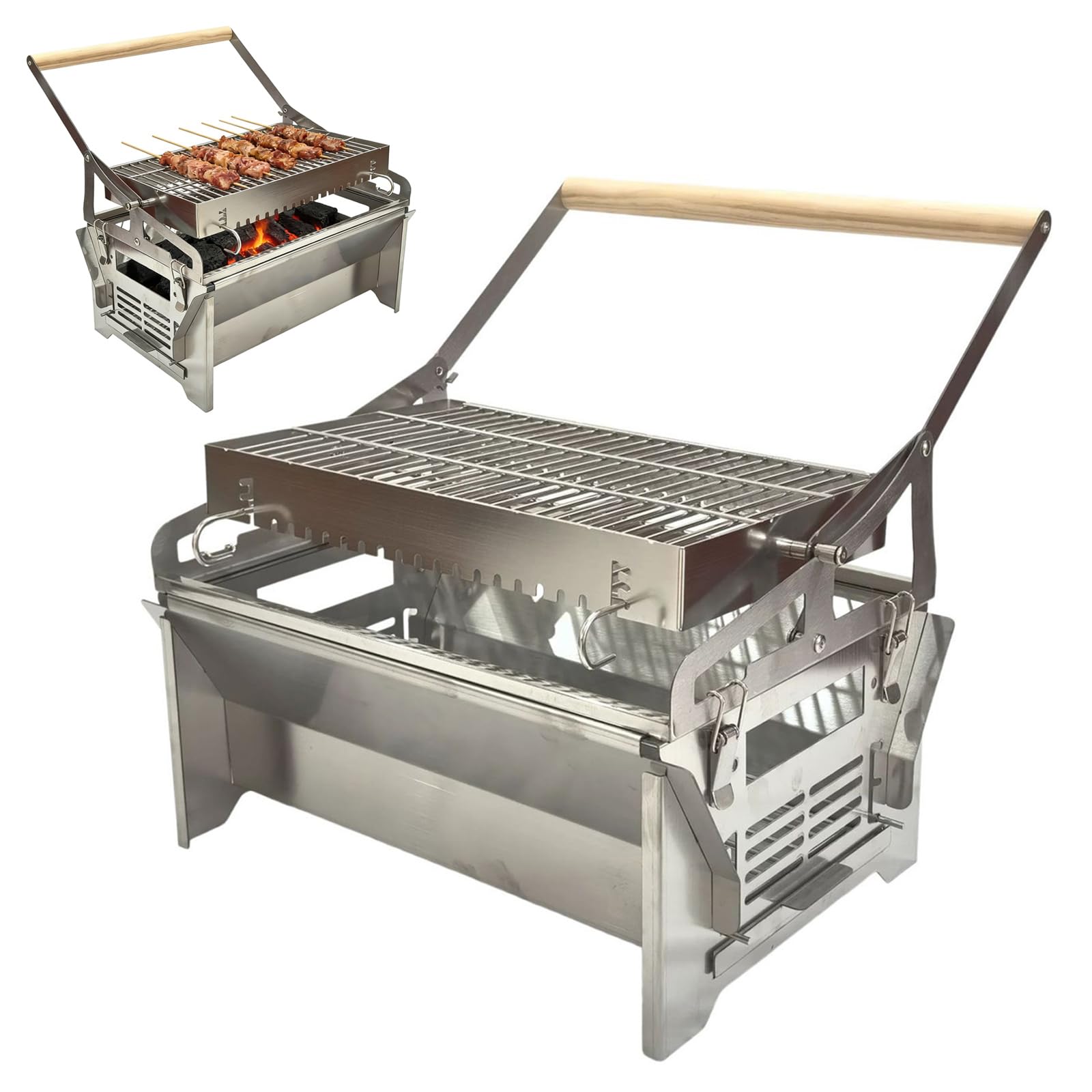 Grill WęGlowy,Grill WęGlowy BBQ,Obrotowy O 360°,Z RęCznym Mechanizmem Obracania,Ruszt Ze Stali Nierdzewnej,Regulowana Taca,Idealny Na Kemping,Piknik Oraz PrzyjęCia W Ogrodzie I Tarasie(39.5*28*39cm,St