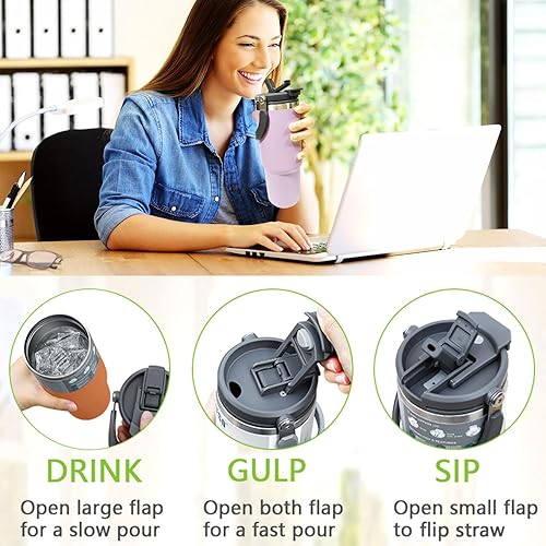 Miniatura 3 de Vaso de 30 onzas con asa y pajilla, taza de café aislada al vacío con tapa 2 en 1, botella de agua de acero inoxidable de doble pared, taza de viaje