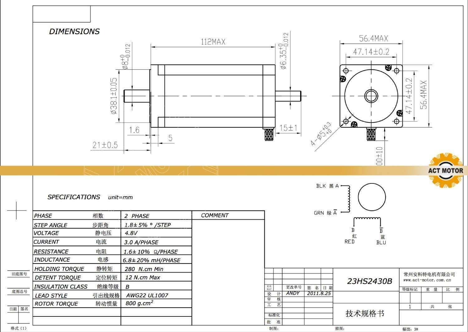 BEZKOSZTOWNA DOSTAWA Nema23 1SZT Silnik Krokowy 23HS2430B 112mm 3.0A 425oz-in Średnica 8mm Podwójny Wał CNC OEM ACT Motor GmbH
