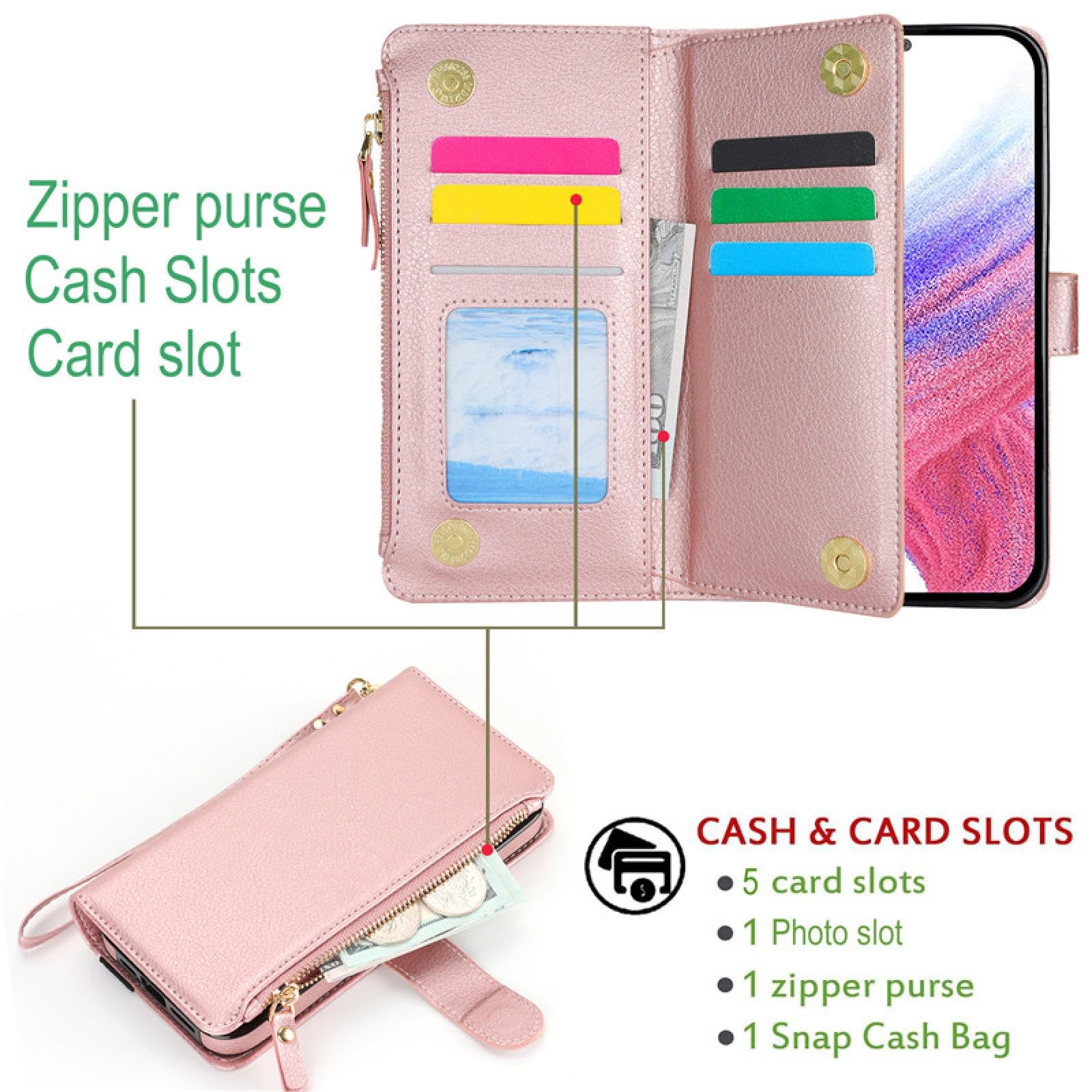 Für Samsung A72 (4G 5G) Handschlaufe Leder Reißverschluss Brieftasche Karte Handyhülle Lanyard Flip Cover (Für Samsung A72 (4G 5G)/schwarz)