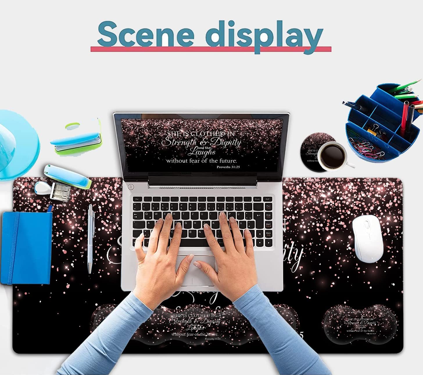 Large Mouse Pad,Ergonomic Mouse Wrist Support+Keyboard Wrist Rest Set+Extended Gaming Mouse Pad Proverbs 31:25 Bible Rose Gold Office Desk Mat Writing Mat Laptop Protector Accessories Black Desk Pad