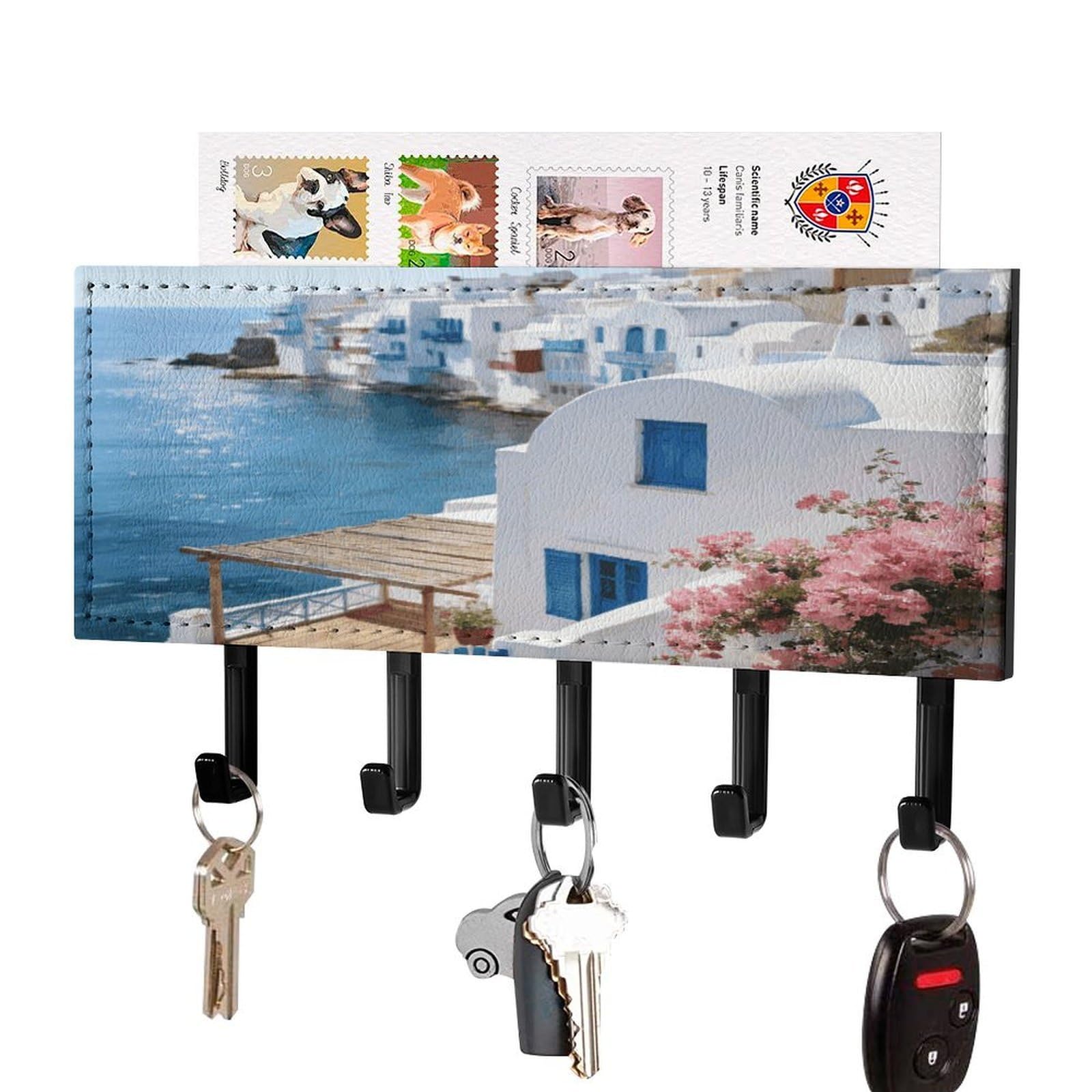 Fekiloot Black-Style Flowers And The Sea Key Holder Wall Mount Key And Mail Holder Key Hanger With 5 Hooks Decorative Pu Key Rack Hanging Key Hooks For Wall Living Room Kitchen Bathroom Hallway