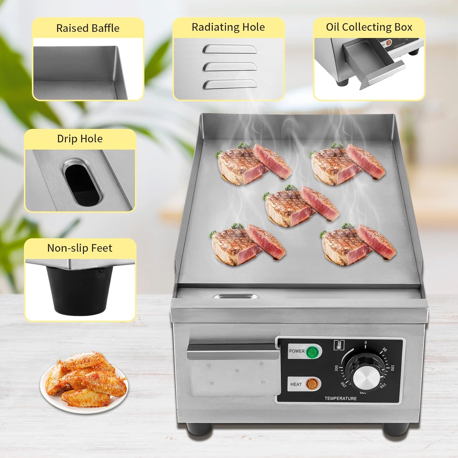 1300W Electric Griddle Countertop BBQ Grill Cooktop Stainless Steel Flat Top Griddle for Restaurant Kitchen,122-572℉