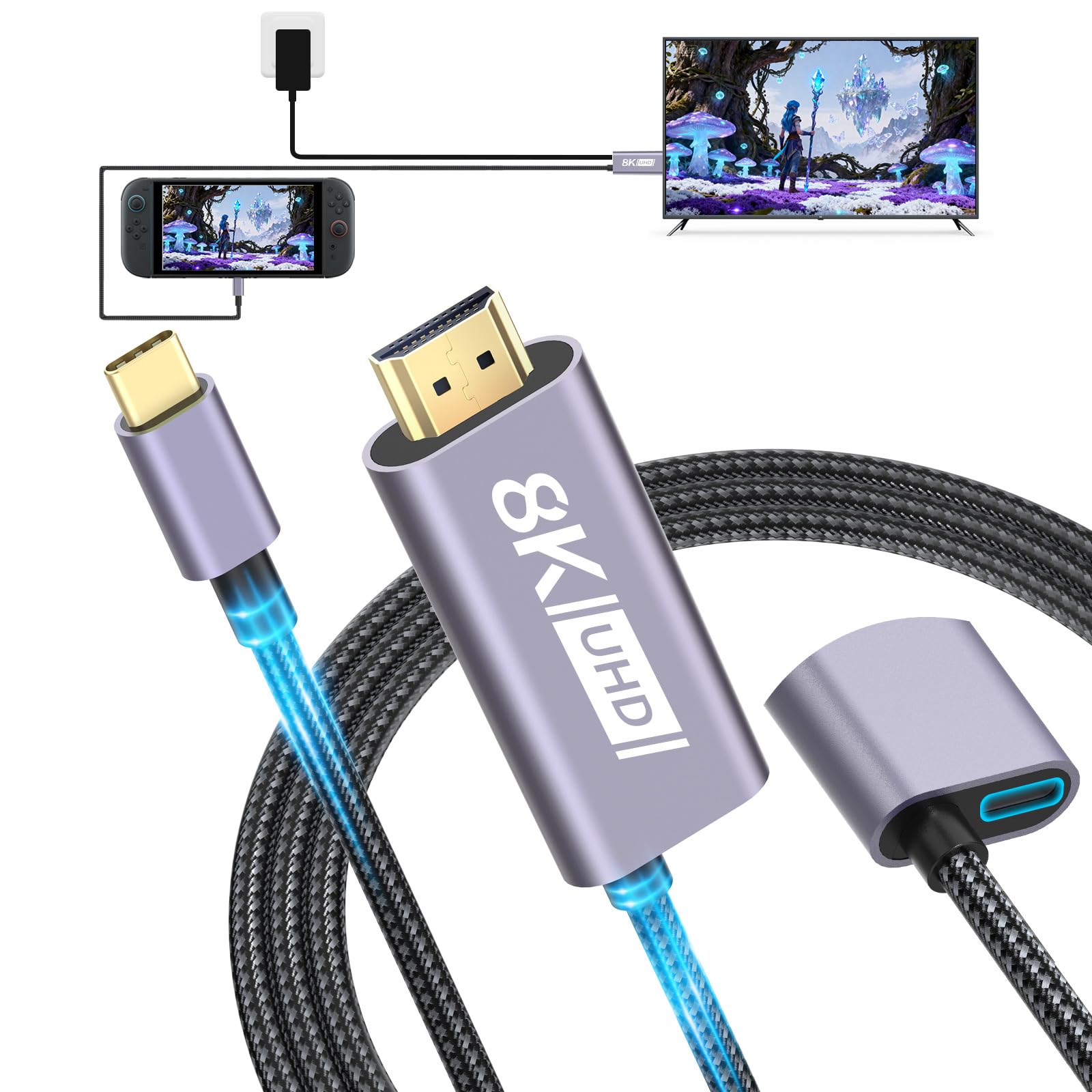[V 22.5.0] Switch 2 Dock HDMI Cable 8K@60Hz 4K@240Hz/120Hz/60Hz,HDMI 2.1&48Gbps,100W PD USB C Charging,HDR10+,Portable&Travel TV Docking Station HDMI Adapter Compatible with Nintendo Switch 2/OLED/1