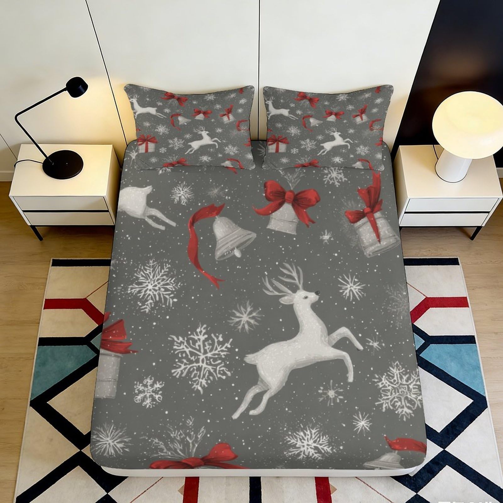 3D Printed Christmas Reindeer Fitted Sheet Microfiber Grey Snowflake Bell Mattress Cover for Bedroom Guest Room Decor 140x200x25cm