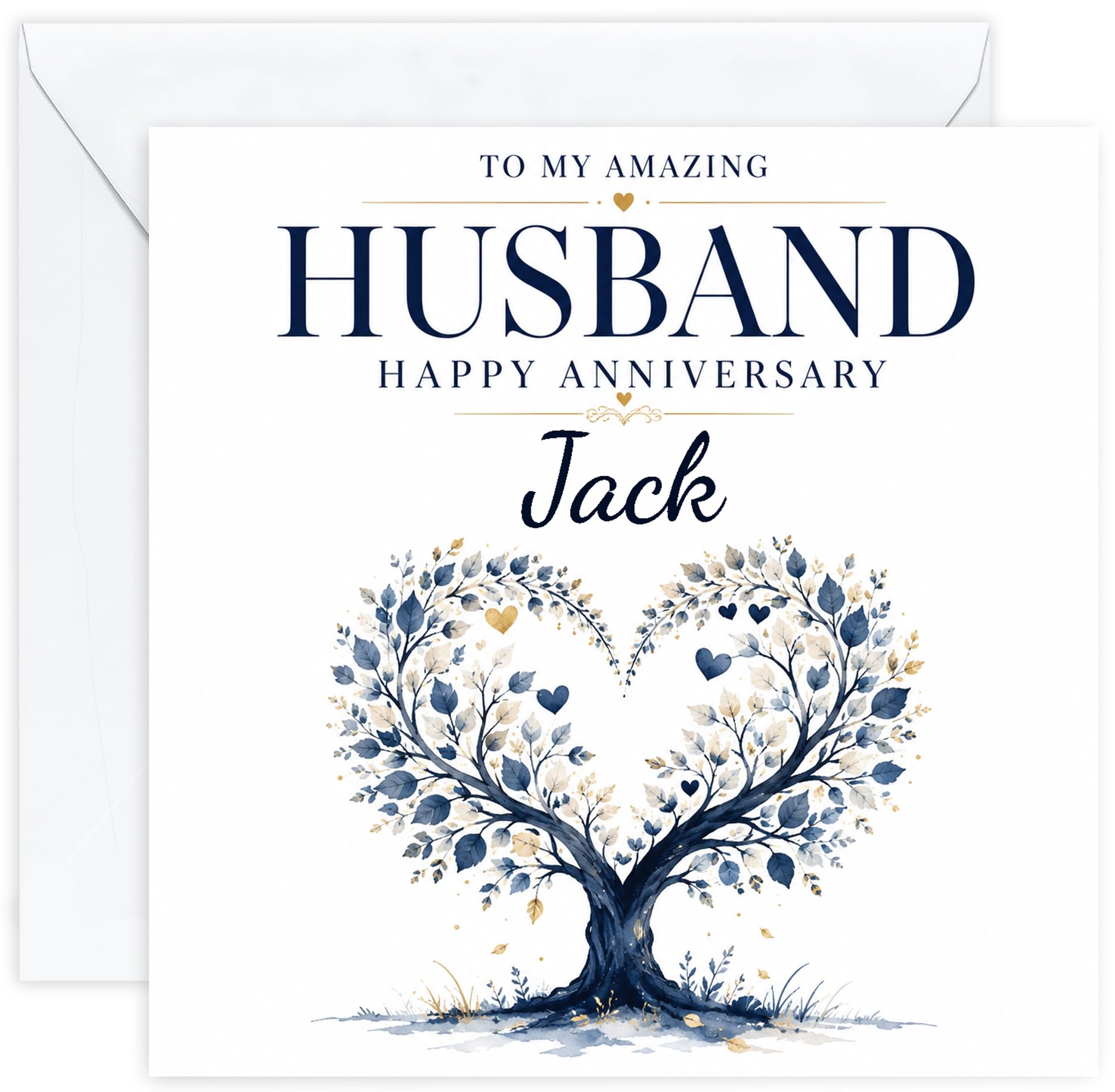 Personalised Anniversary Card for Husband | Watercolour Heart Tree Card for Him | Add His Name | Romantic Husband Anniversary Card with Optional Inside Message (Design 05)