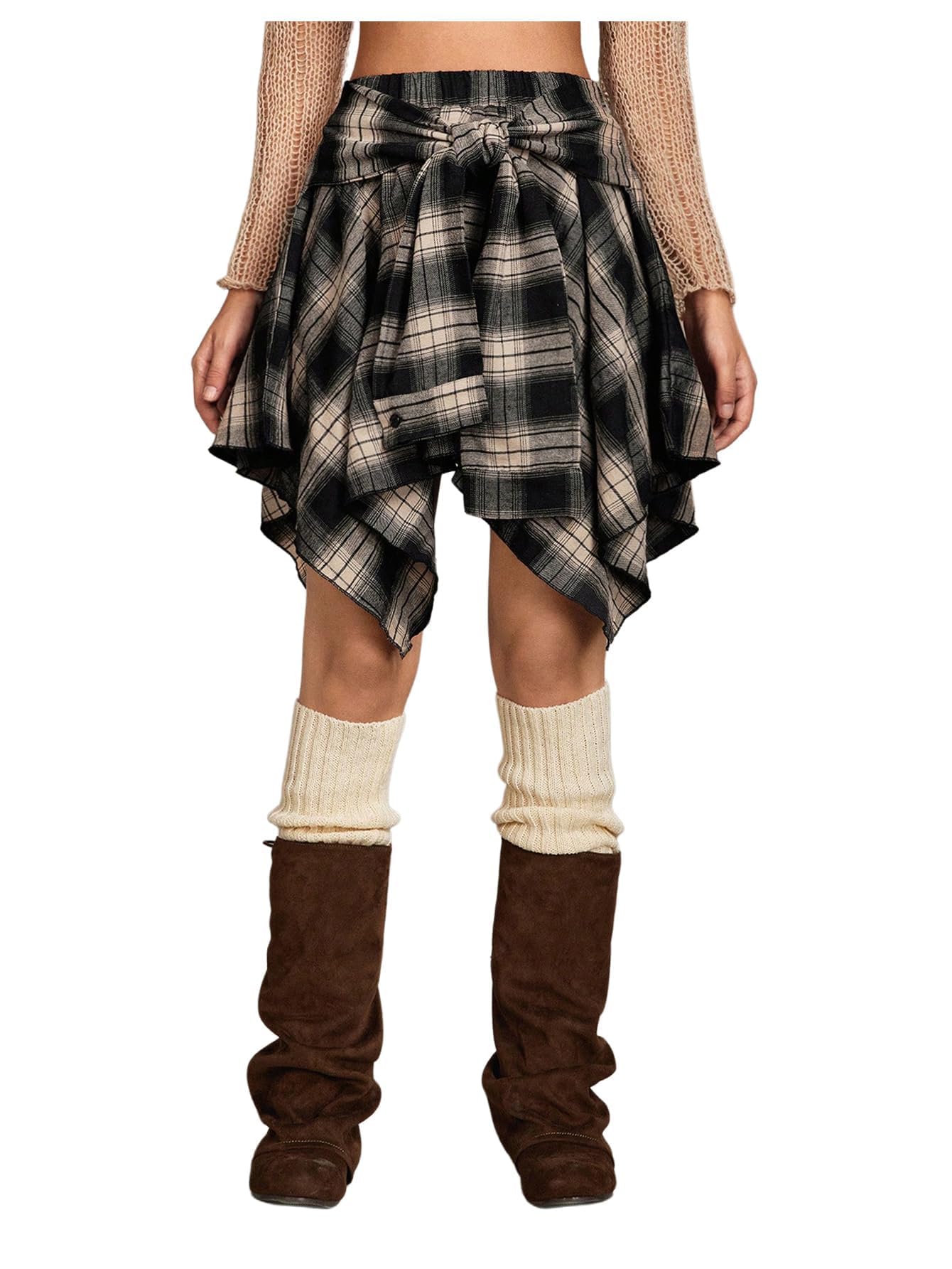 Verdusa Women's Y2k Goth Grunge Plaid Skirts Tie Vintage Asymmetrical Flowy Pleated Mini Skater Skirt