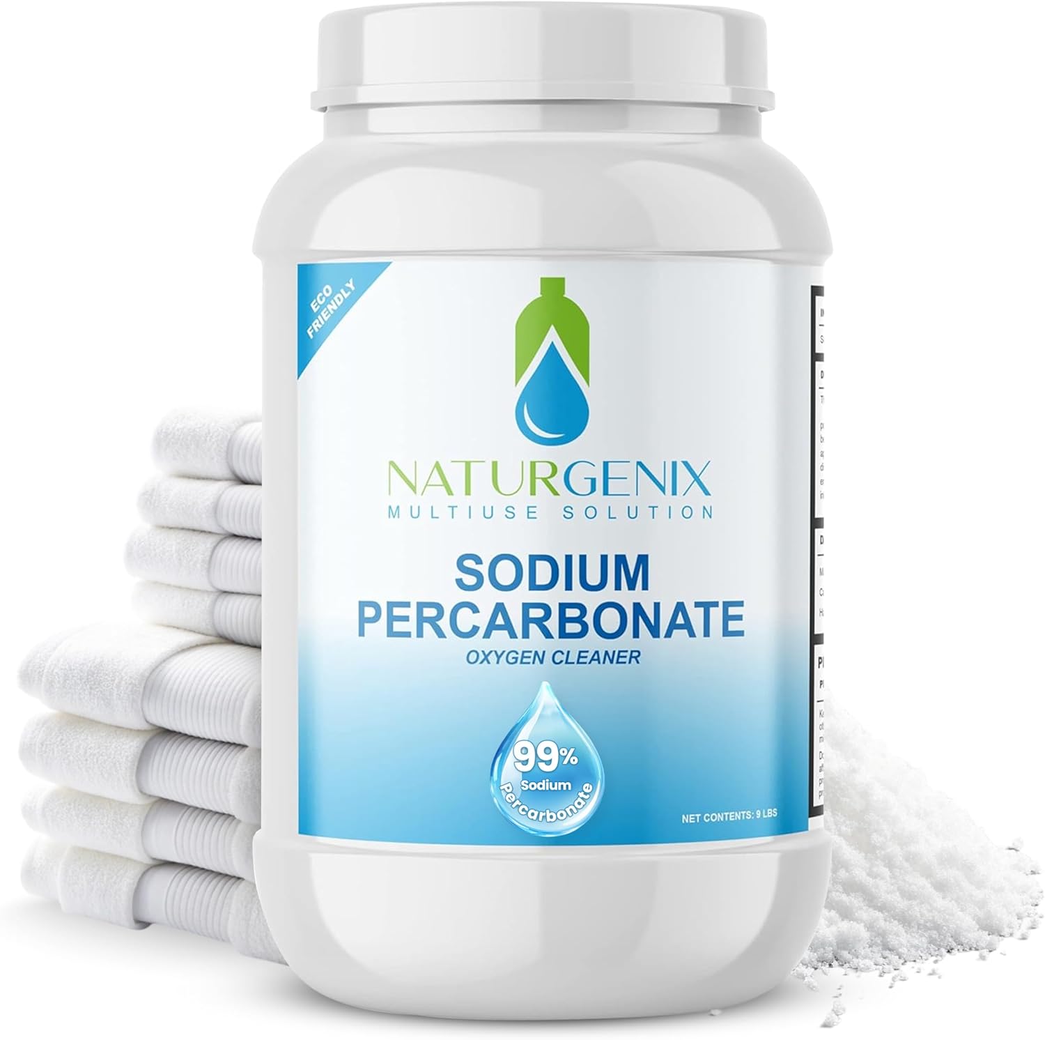 Sodium Percarbonate Powder 99% Purity - Oxygen Bleach, Hydrogen Peroxide Release Cleaner for Laundry, Dishwasher, Deodorizing & Stain Removal, Multi-Surface Use, Color-Safe (9 lbs)