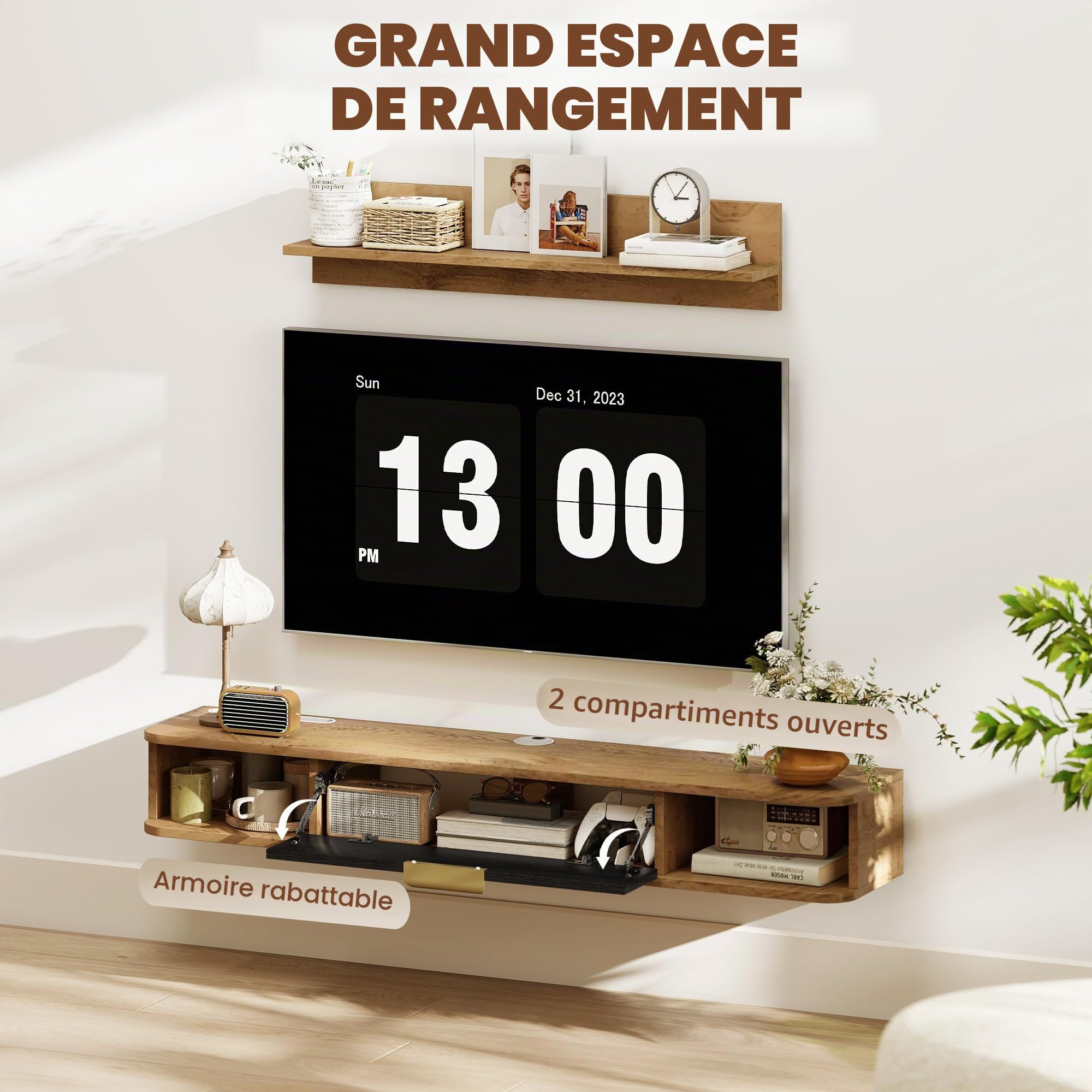 HOMCOM Ensemble de Meubles de Salon, Meuble TV avec étagère Murale, Porte, étagères Ouvertes, Trous pour câbles, pour télévision Murale, 120 x 24 x 16 cm, chêne