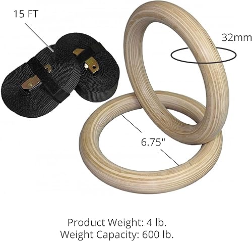 Miniatura 7 de Titan HD - Barra de dominadas para montar en la pared con anillos olímpicos de gimnasia de madera de 8 pulgadas, correas gruesas resistentes y de