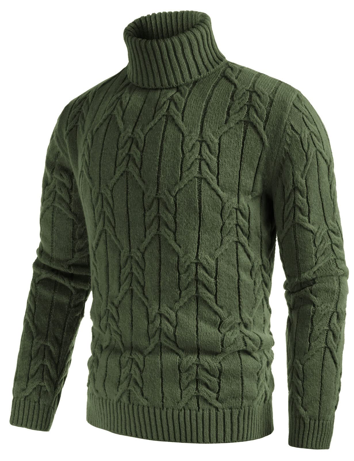 GRACE KARIN Suéter de punto torcido de color sólido de manga larga suéter de punto trenzado de cuello alto de los hombres, Verde ejército, XX-Large