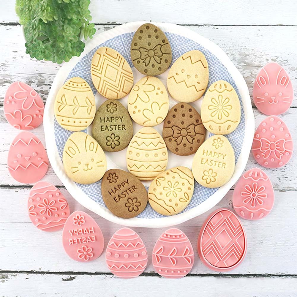 10 mini cortadores de galletas, sellos de galletas de diseño 3D elevado, mini moldes divertidos para huevos de Pascua, juego de cortadores de galletas de adorno de Pascua (huevo de Pascua, conejo)