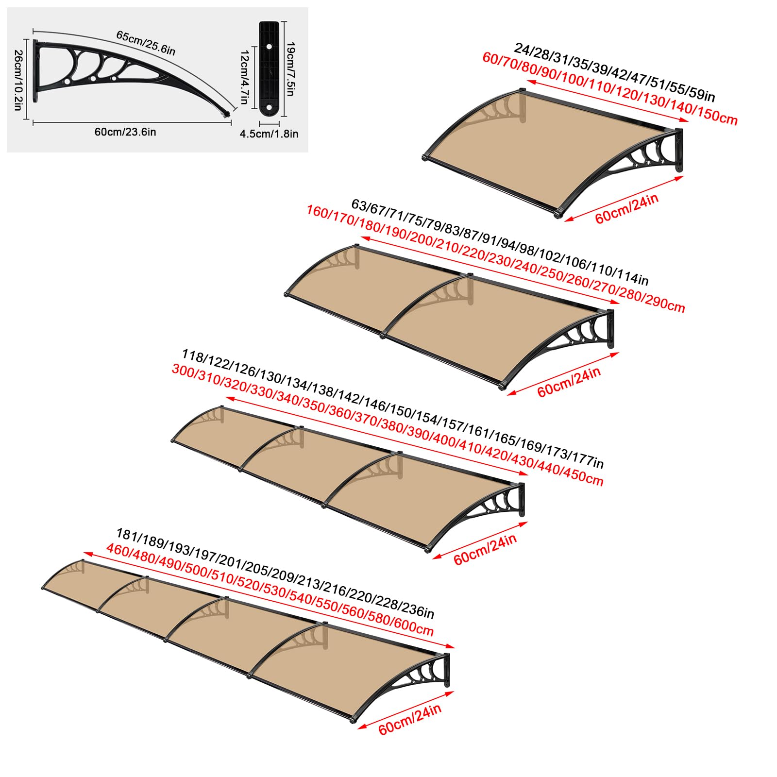 Auvent de Porte d'entrée Moderne en Polycarbonate Marron, auvent de Porte, fenêtre, Jardin, Porche, auvent, auvent arqué, Protection UV, Pluie, Neige, abri, pour Garage, Balcon (60 x 150 cm)