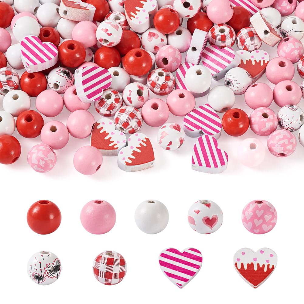 Cheriswelry 120Pcs Valentine's Day Wood Beads 16mm Love Heart Round Wooden Beads Red Pink Spacer Bubblegum Wood Beads for Jewelry Making Wedding Decor