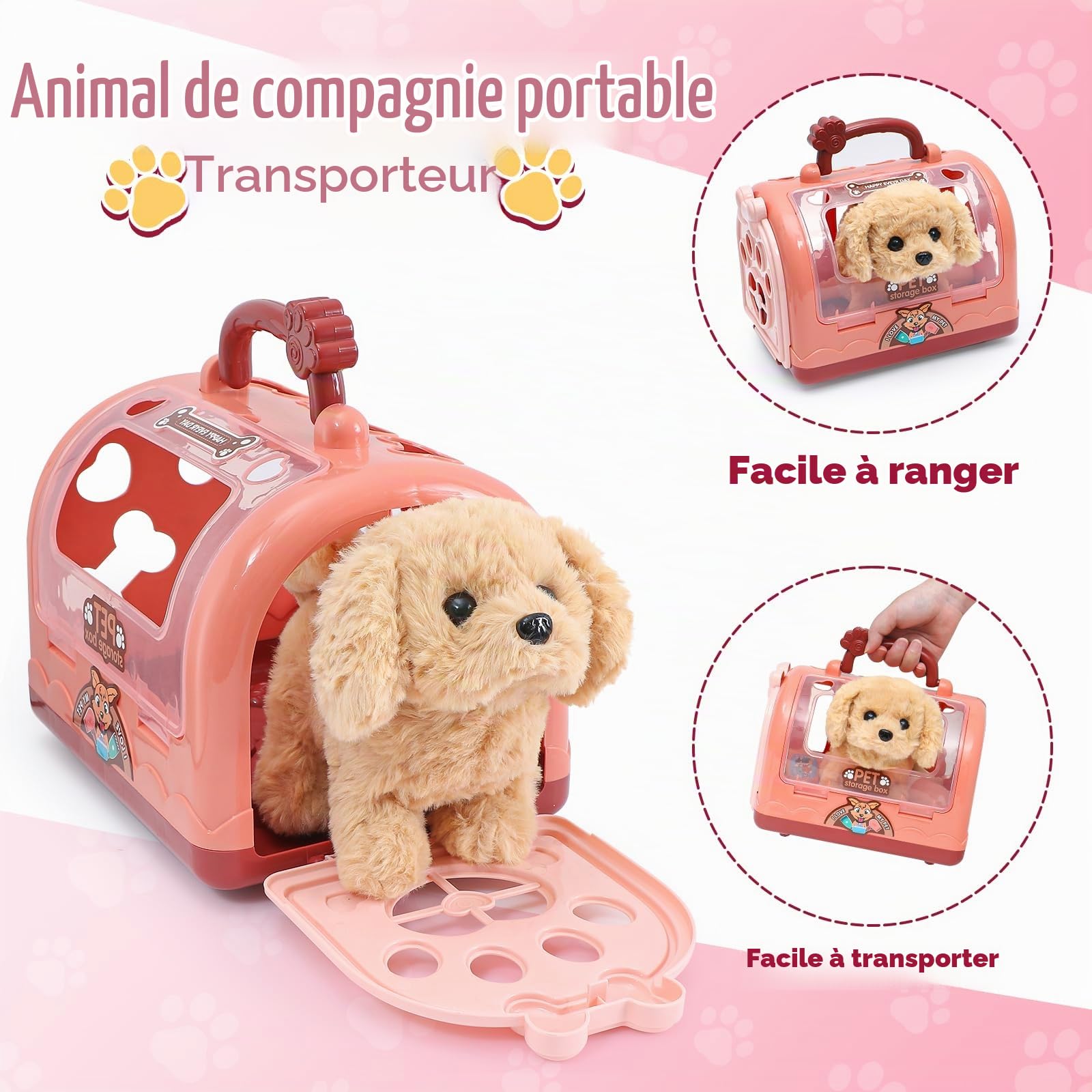 G.C Électrique Chien Jouet Enfant Peluche Chien Qui Marche Aboie et Secouer Queue avec Cage Laisse, Chien Interactif Jouet Toilettage Jeu de Rôle Cadeau Fille Jouet 3 4 5 6 Ans