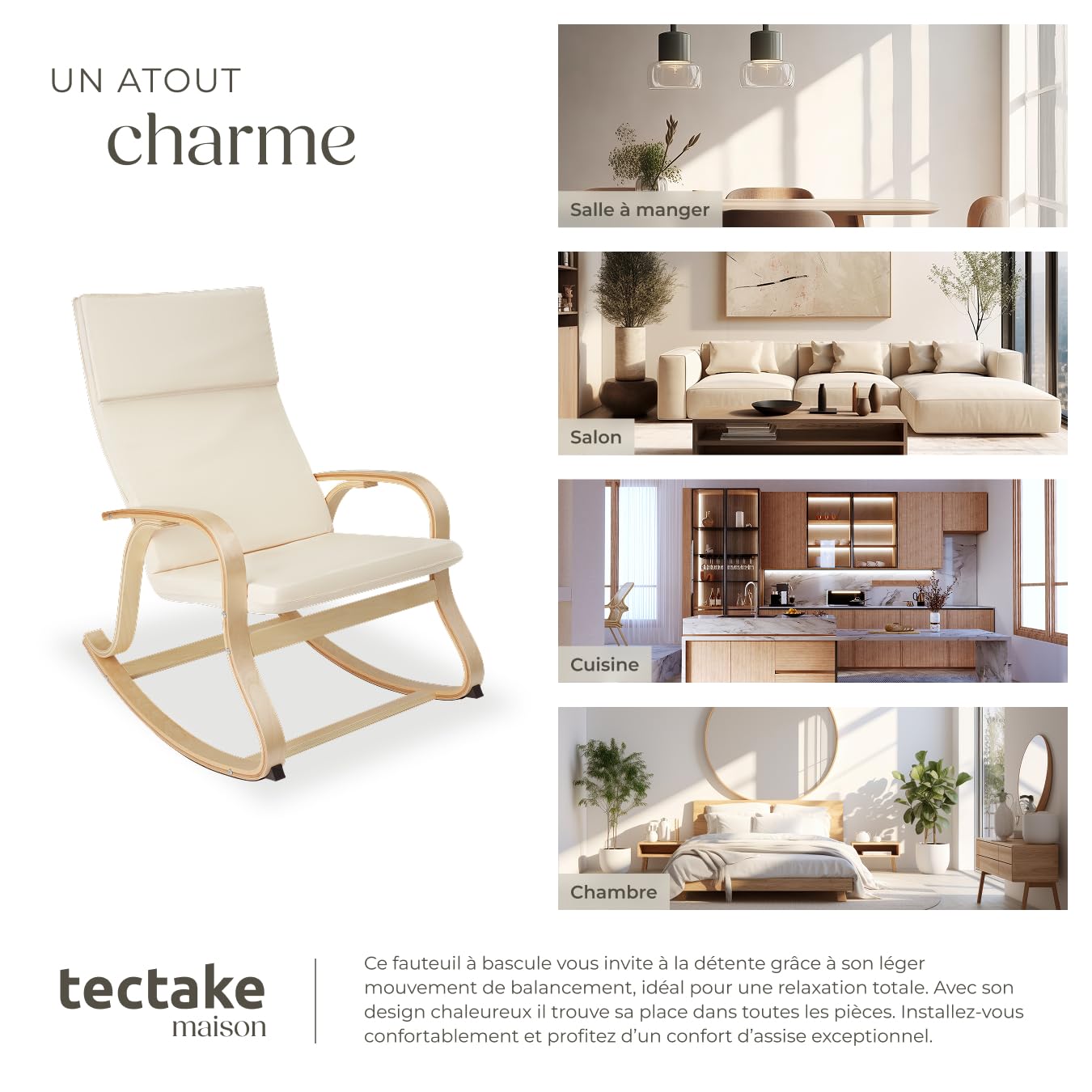 tectake® Fauteuil à Bascule avec Accoudoirs Rocking Chair Fauteuil Relax rembourée Cadre en Bois Fauteuil Salon Veranda, Chaise Ergonomique idéal Détente, Fauteuil Allaitement