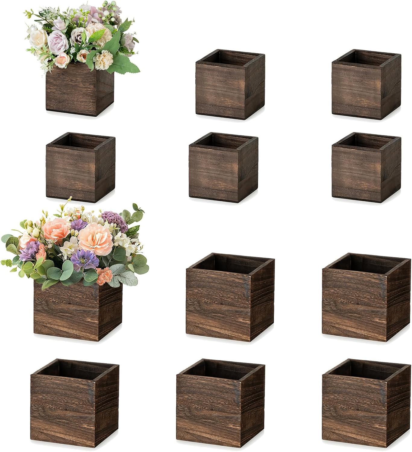 NUPTIO Wooden Box for Centerpiece Wedding: 12 Pcs Rustic Square Planter Box for Christmas Table Fall Decorations - 4×4" & 5×5" Small Wood Vases Flower Pots for Windowsill Home Garden Decor