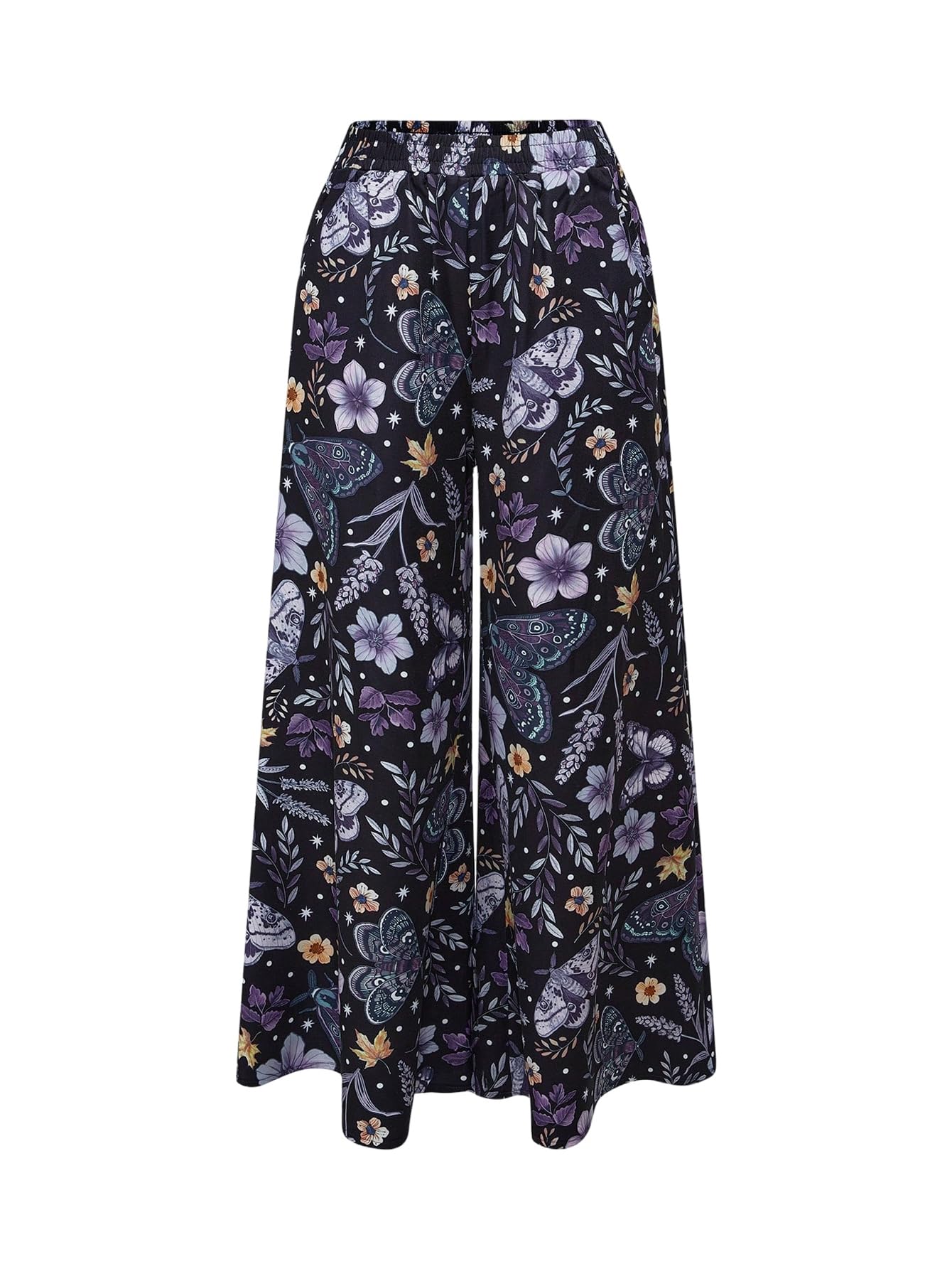 Womens Wide Leg Floral Graphic Flowy Pants Boho Vintage Baggy Elastic Waist Trousers