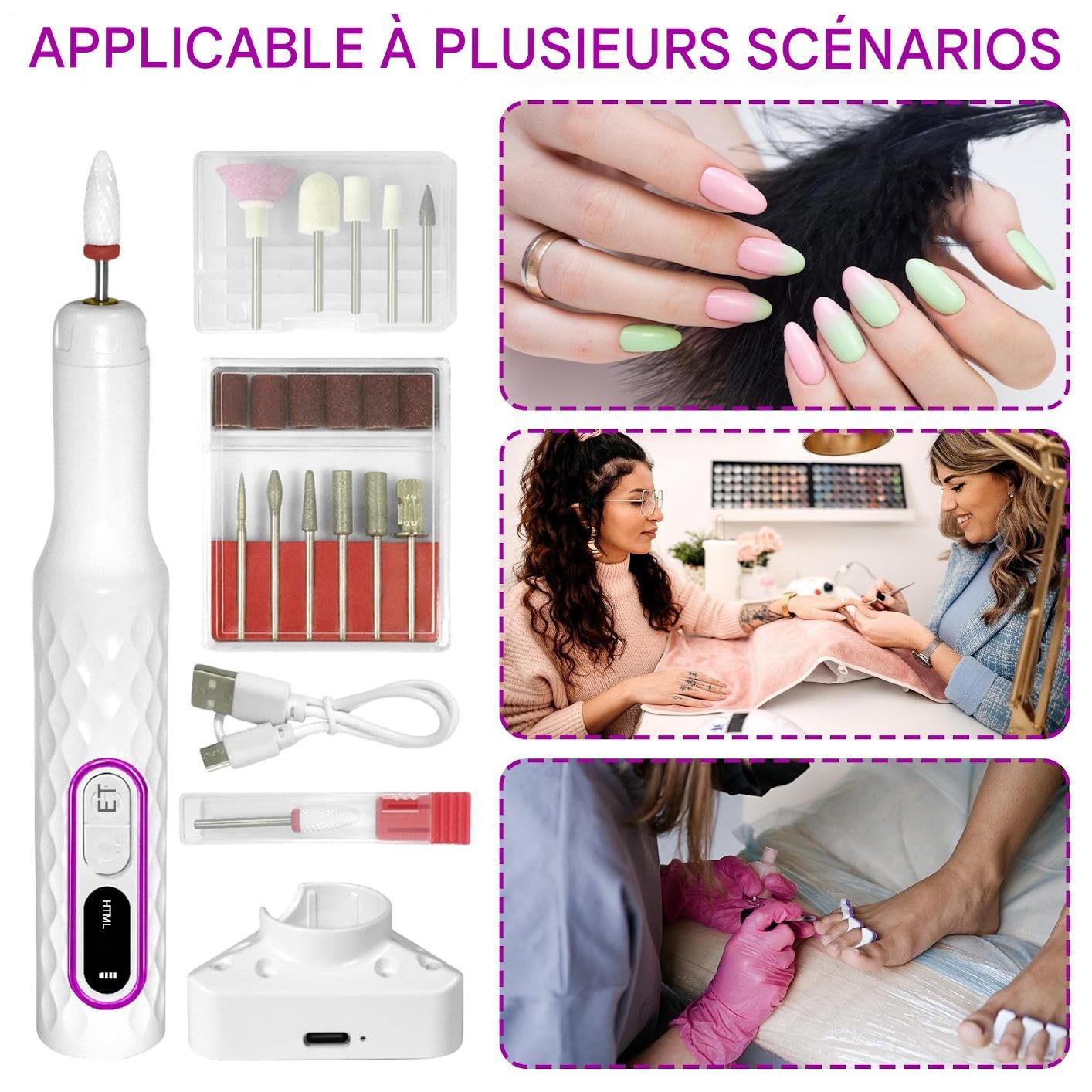 Kit de taladro de uñas – Kit de manicura para acrílico, gel y polvo dip con taladro de uñas – 3 velocidades ajustables, 15000 vueltas por minuto para manicura, pulido, pulido y conformado, para