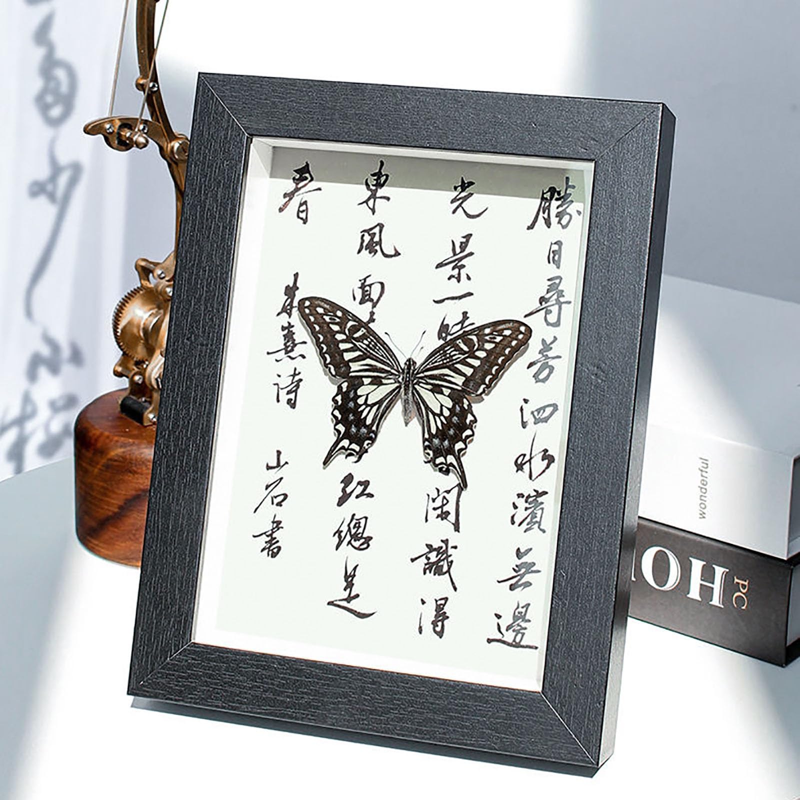 Real Mariposa Taxidermia Marco De Madera Negro Elegante Hecho A Mano(C)