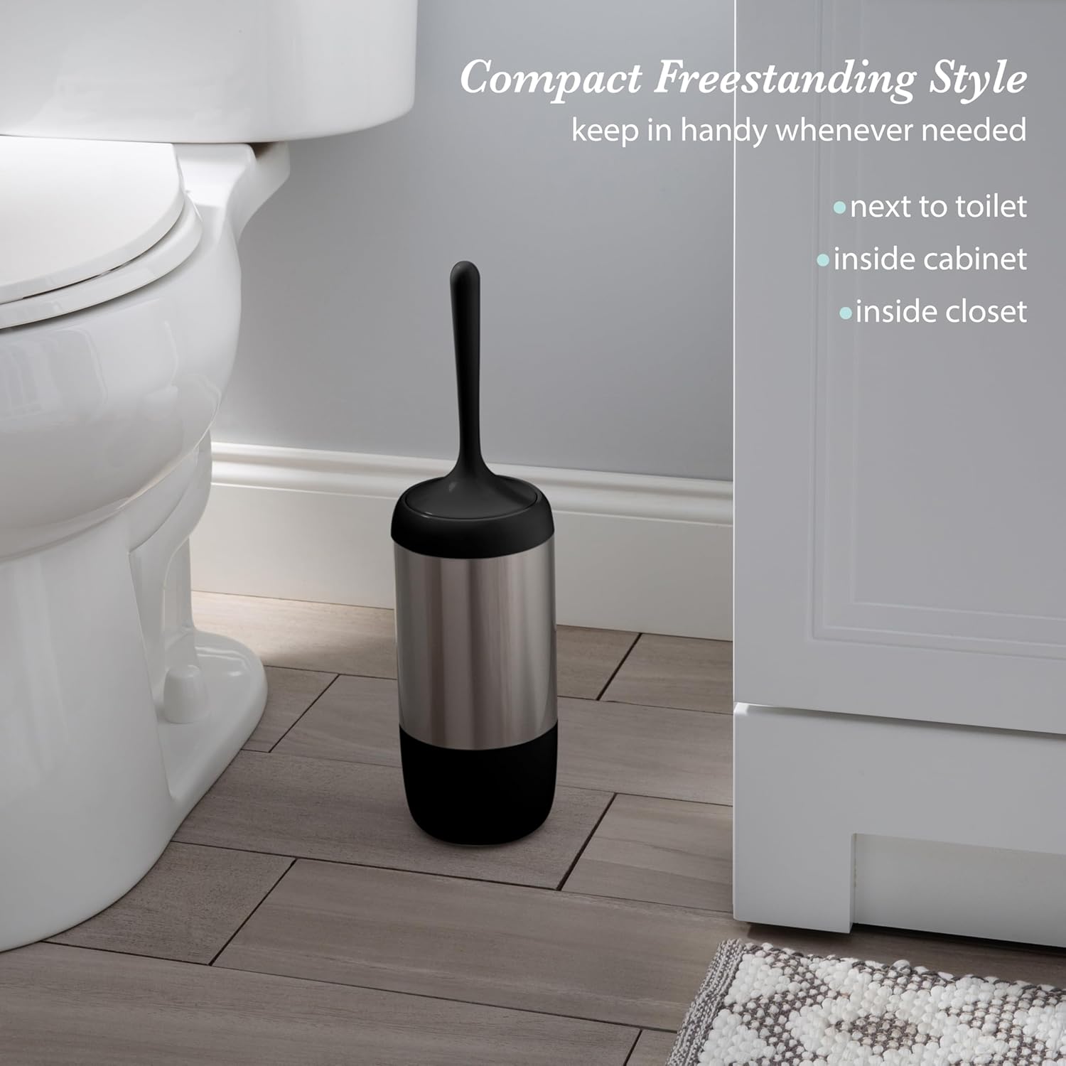 Bath Bliss Smooth Matte Stainless Waste Bin and Toilet Brush | Dimensions: 7.9" x 7.9" x 9.8"- Wastebasket | Dimensions: 4.7"x 4.7"x 16.5"- Toilet Brush| Bathroom Accessories | Black