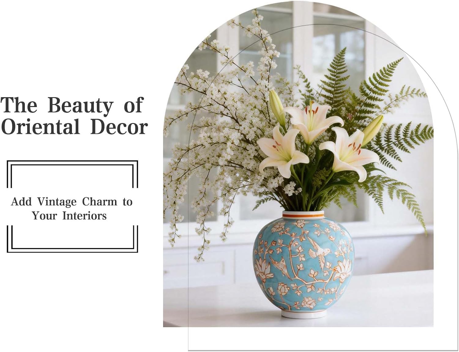 Blue and White Chinoiserie Ceramic Vase, 10.8 Inch Hand Painted Flower & Bird Art Decor Round Vase Antique Floral Vase for Living Room, Farmhouse, Table Centerpiece