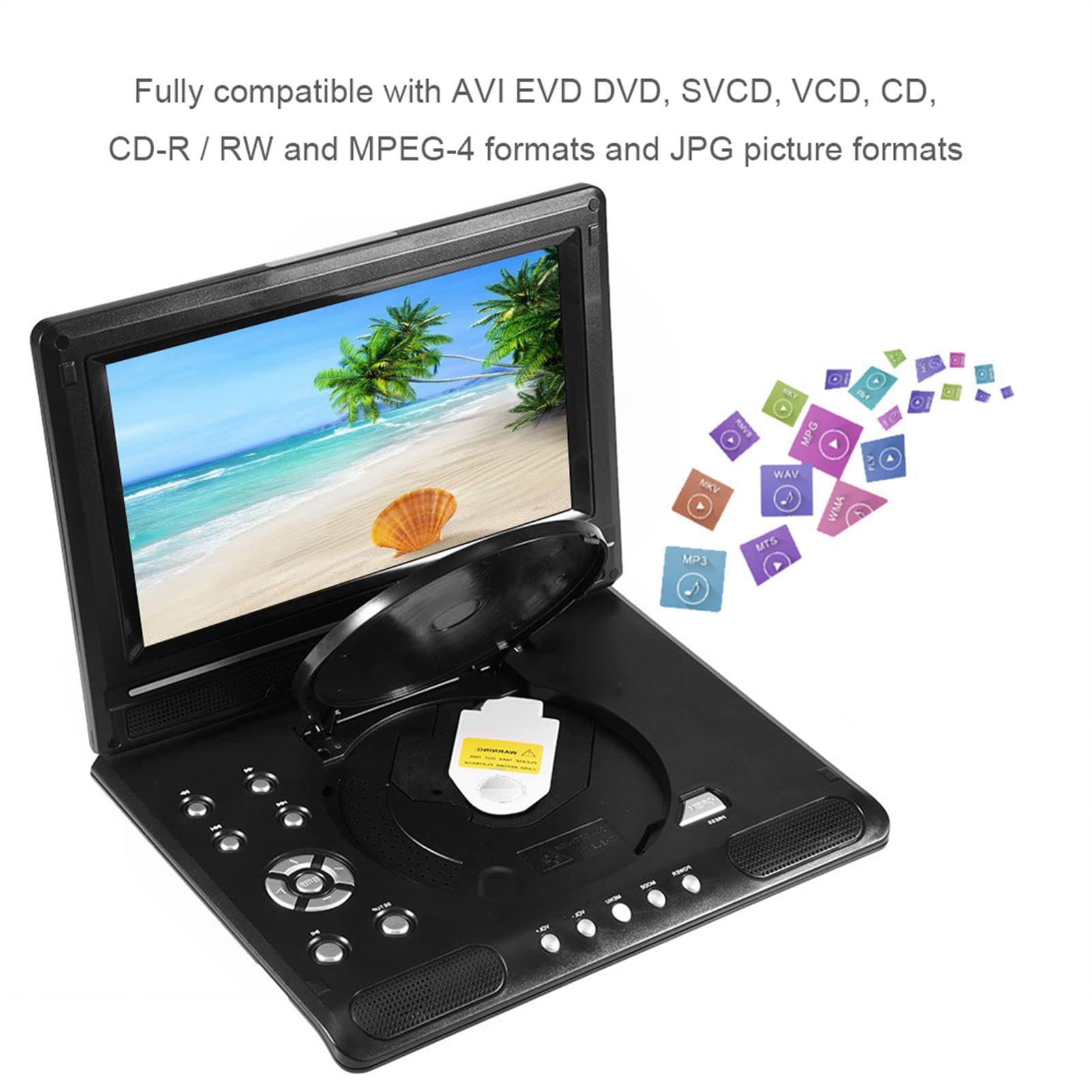 Lecteur DVD HD Portable de 9 Pouces, Lecteur vidéo DVD à écran Large LCD Rotatif à 270 degrés Compatible avec AVI EVD DVD, SVCD, VCD, CD, CD-R/RW et MPEG-4 pour Voiture en Plein air(EU)