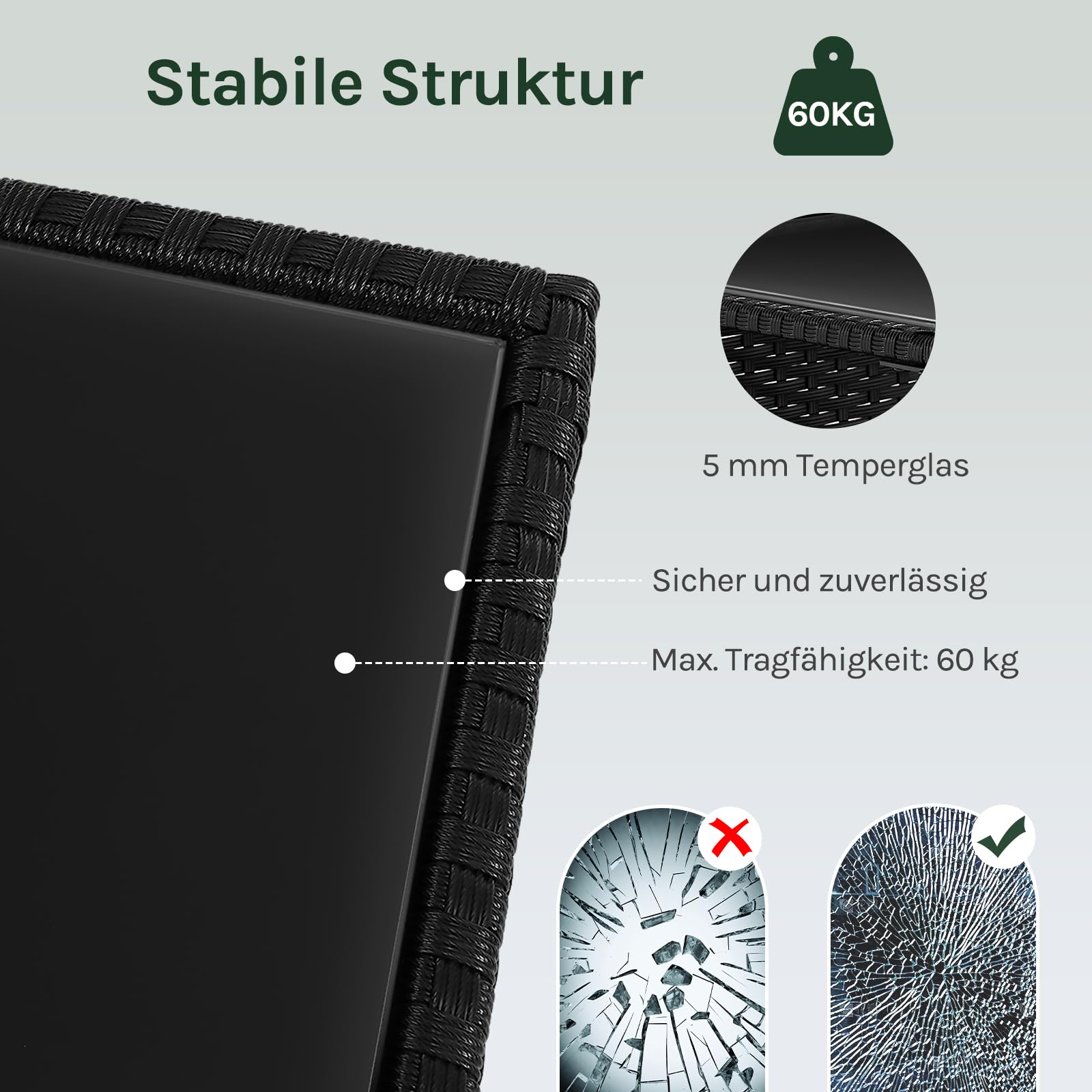 WOLTU Polyrattan Gartentisch, 45x40x45 cm, Beistelltisch mit Glasplatte offenem Fach, Balkontisch wetterfest, Terrassentisch, Outdoor Tisch, Schwarz