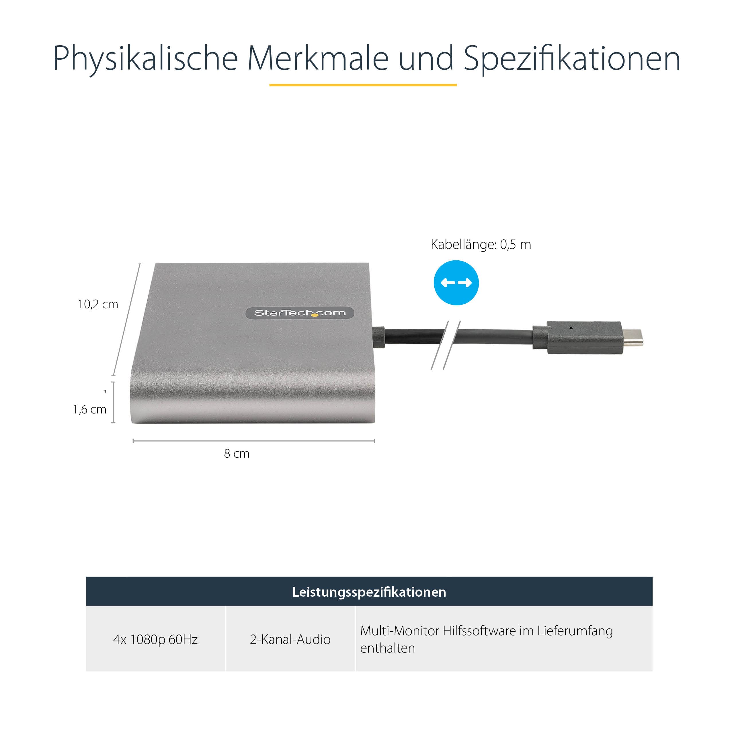 StarTech USB-C auf 4x HDMI Adapter, 4x 1080p 60Hz, 50cm, USB-betrieben | Quad HDMI Dockingstation, Externe Grafikkarte für Laptop und PC, Multi-Monitor, 4 Monitore