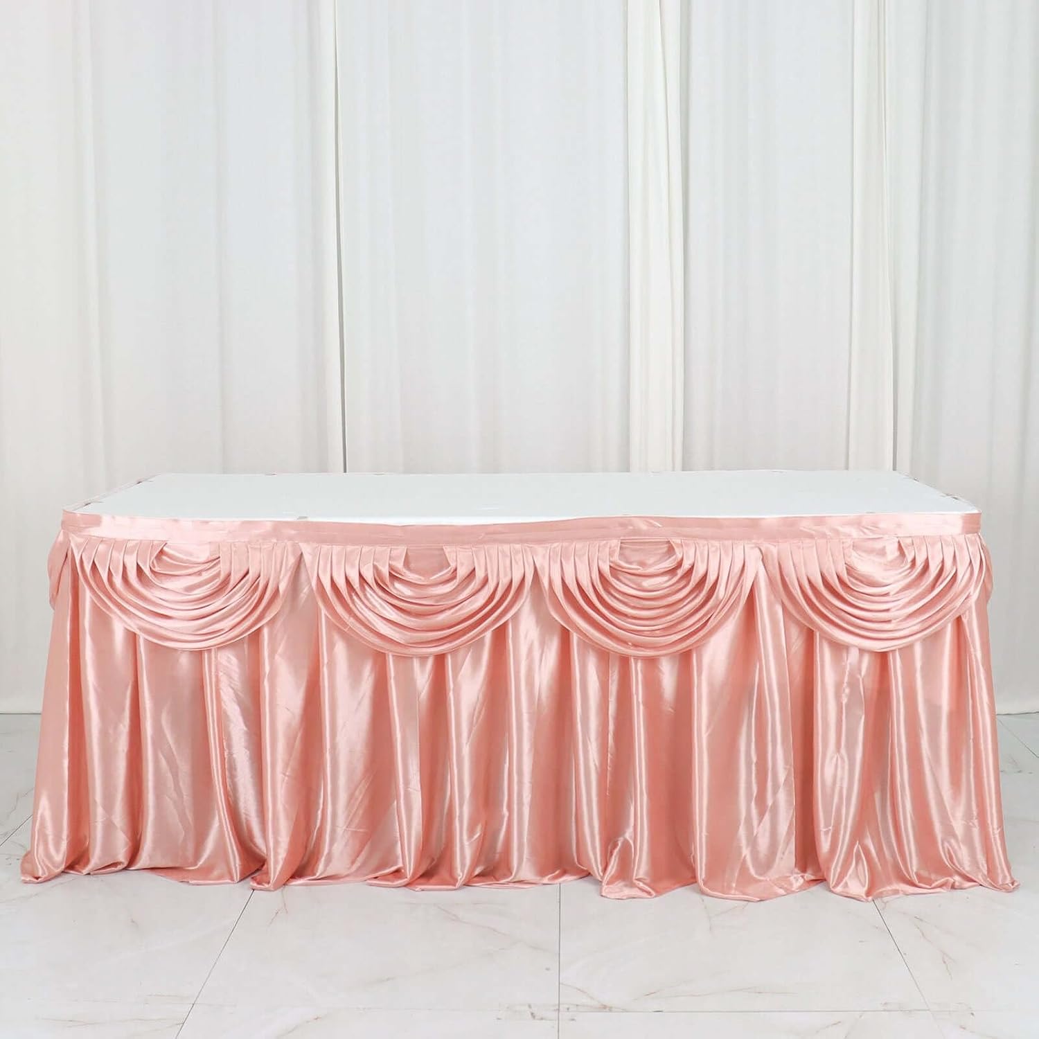 Efavormart Dusty Rose Satin Double Drape Table Skirt for Kitchen Dining Catering Wedding Birthday Party Decorations Events 14ft