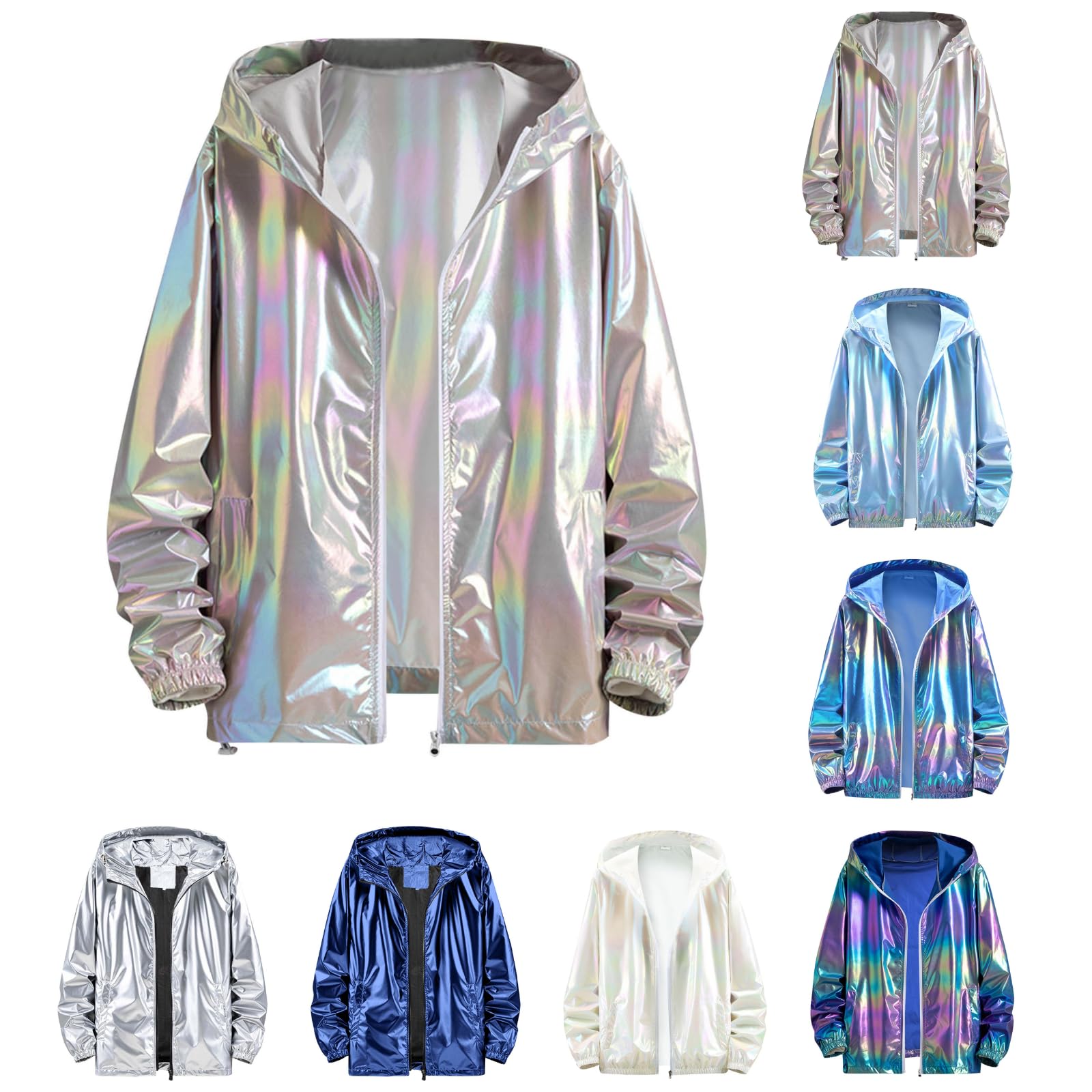 Silver Metallic Glitter Jacket Men Women Carnival Costume 80s 90s Disco Bomber Jacket with Hood Zip Sequins Vintage Sports Jacket Wind Jacket Long Sleeve Coat Winter Jacket Streetwear, Grey #1, 5XL