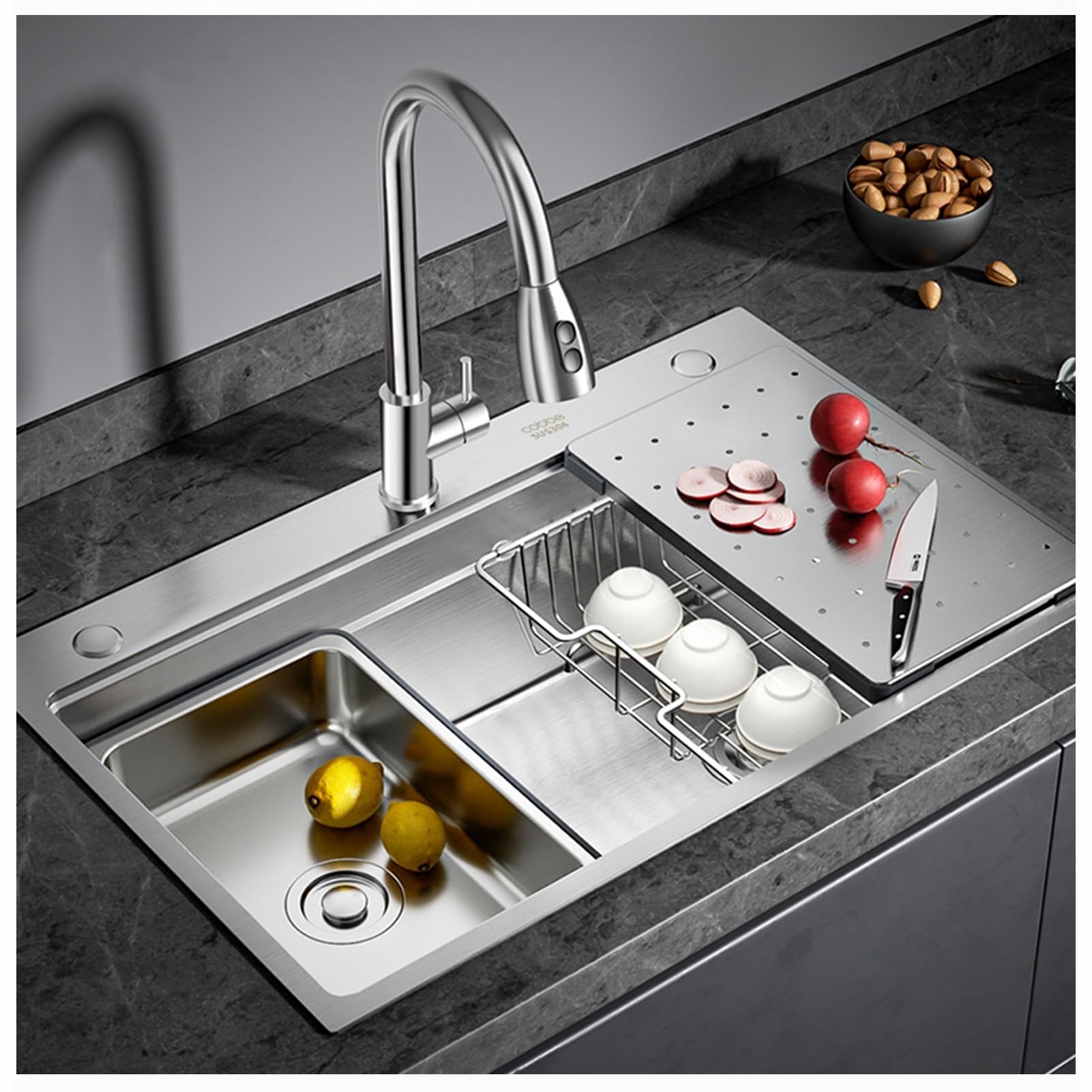 Évier de cuisine 1 cuve multifonctionnel avec planche à découper