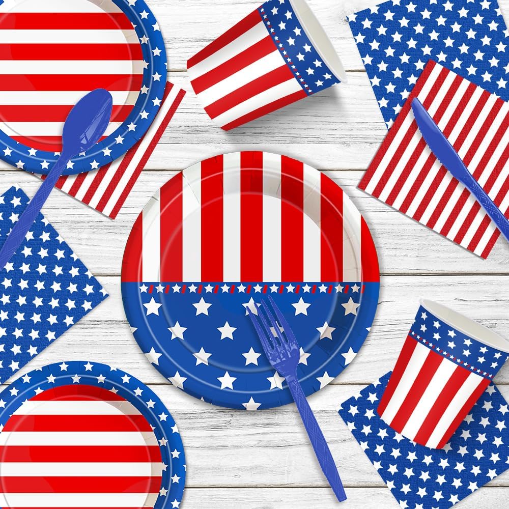 140Pcs Independence Day Party Supplies Tableware Set 4th of July Disposable Plates and Napkins American Flag Patriotic Party Decorations Stars and Stripes 4th of July Paper Plates, for 20 Guest