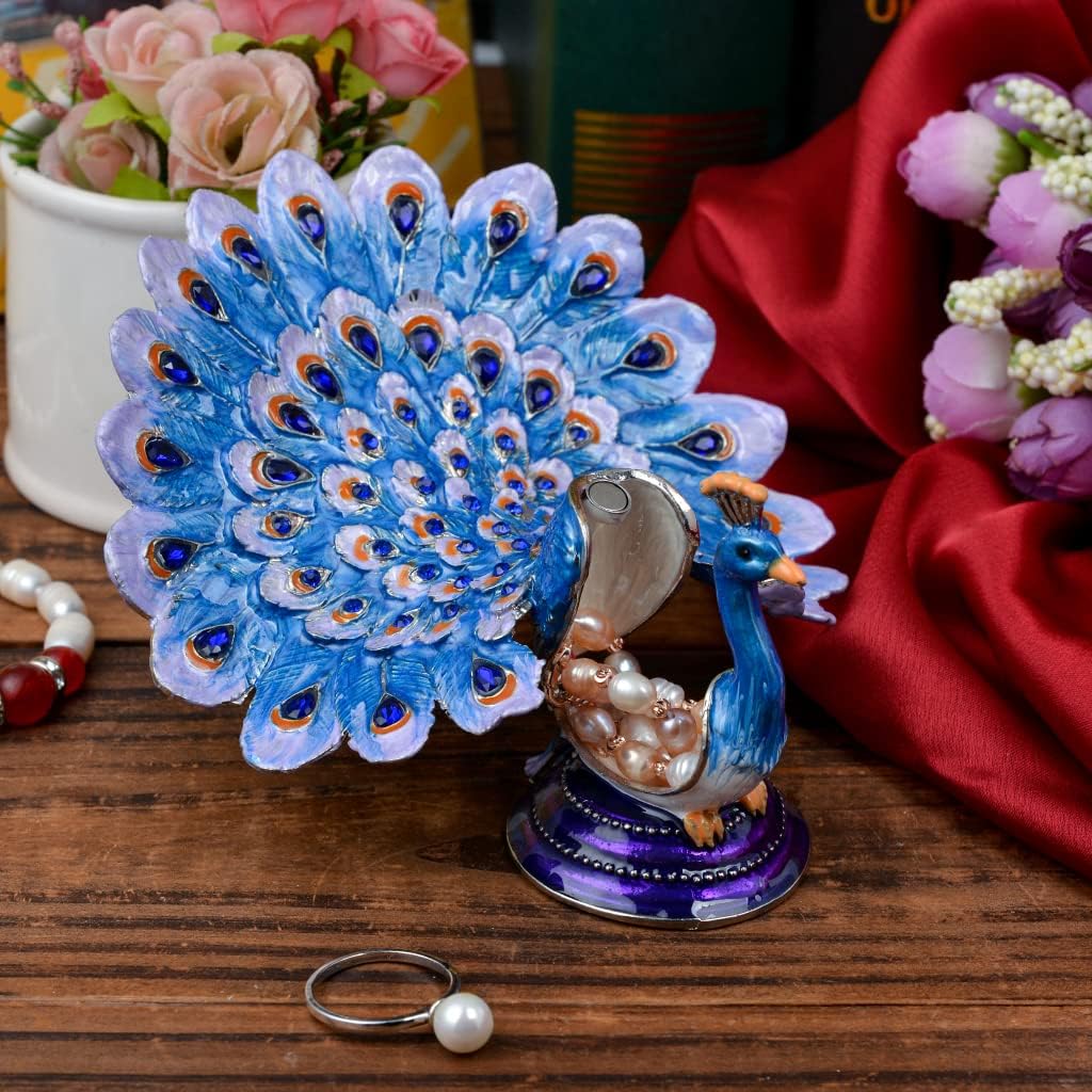 Silver Crystal Enameled Peacock Jewelry Box, Hand-Painted Hinged Blue Peafowl Trinket Box, Elegant Home Décor & Unique Gift for Bird Lovers