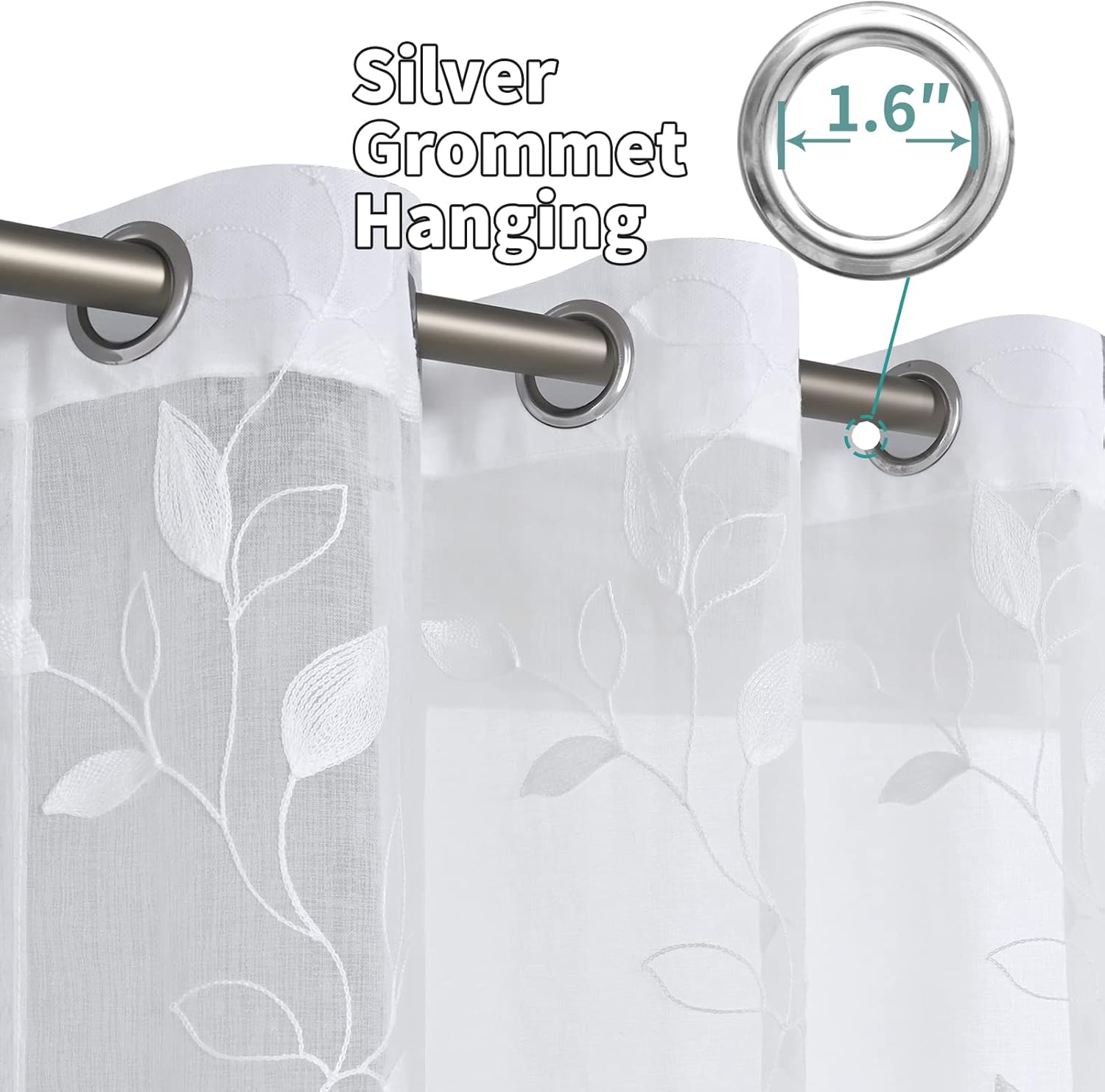 BGment White Sheer Curtains 84 inches Long - Embroidered Leaves Pattern Light Filtering Curtains for Living Room Grommet Thin Window Semi Sheer Voile Drapes, Each Panel 52 x 84 Inch