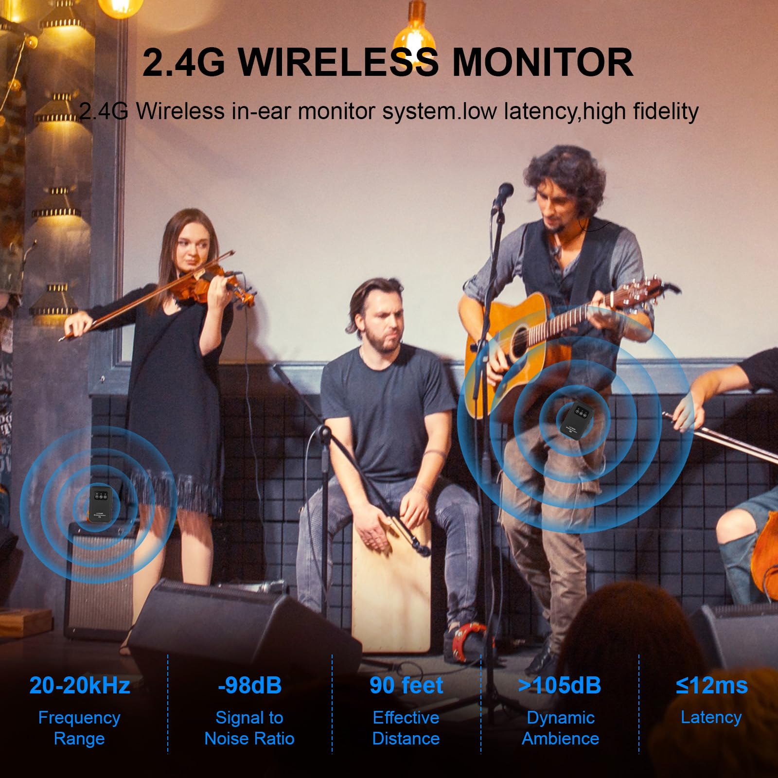 Sistema inalámbrico de monitor de oído 2.4G Sistema IEM inalámbrico con transmisor receptor Emparejamiento automático Monitor de oído profesional para computadora Teléfono Tarjeta de sonido Ban