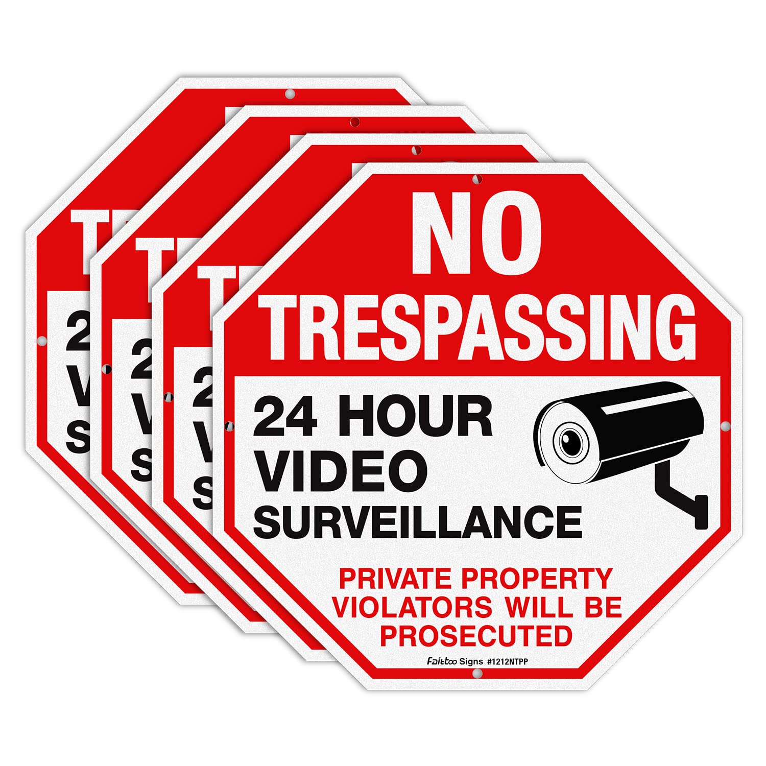 No Trespassing Sign Private Property Protected By Video Surveillance Violators Will Be Prosecuted Sign, 4-Pack 12 x 12 Inch Reflective Aluminum, UV Protected, Weather/Fade Resistant, Easy to Install