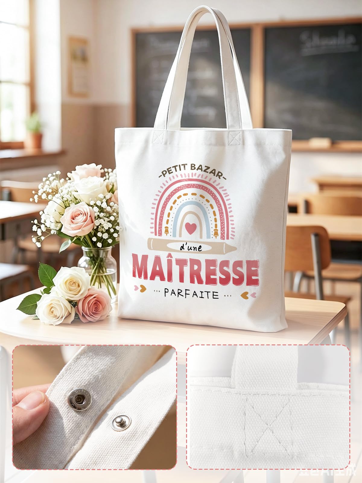Cadeau Maitresse D'école, Cadeaux Maitresse Sac Tote Bag, Porte Clés et Carte de Remerciement, Merci Cadeau Maitre D'école Fin D'année