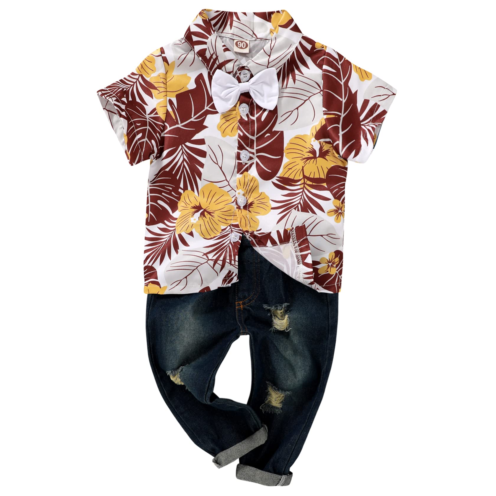 Baby Boy Short Sleeve Shirt Button Down Hawaiian Outfit+ Ripped Jeans Toddler Boy 2 Pieces Summer Pants Set