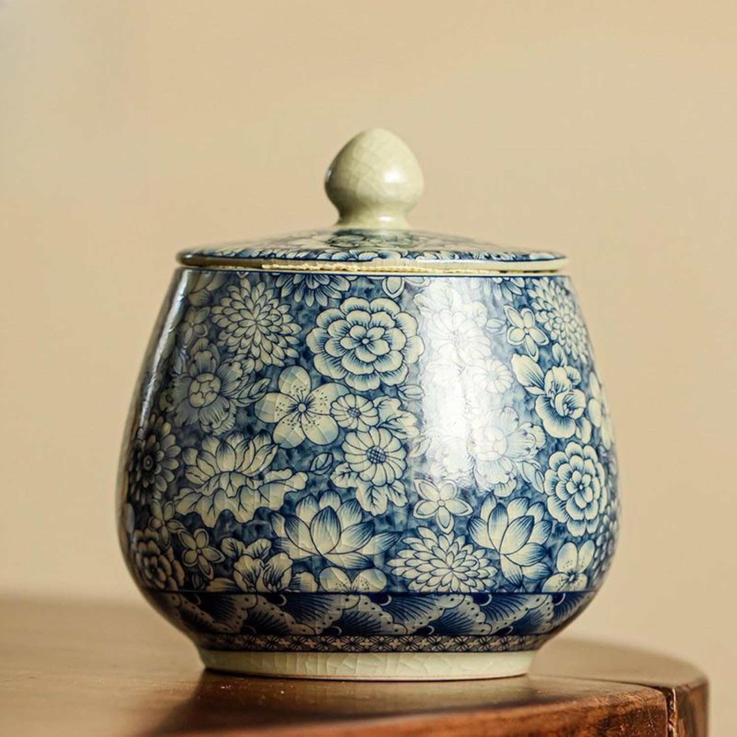 Ru Kiln Blue and White Porcelain Ceramics Tea Canister, 320ml 10.8oz, Household Sealed Jar Kung Fu Tea Set Accessories