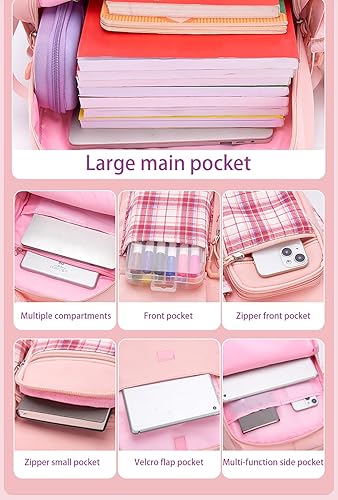 Miniatura 4 de dKargo Mochila para niñas para escuela primaria  5 piezas Kawaii para niños, linda mochila escolar a cuadros para estudiantes adolescentes, Tartán