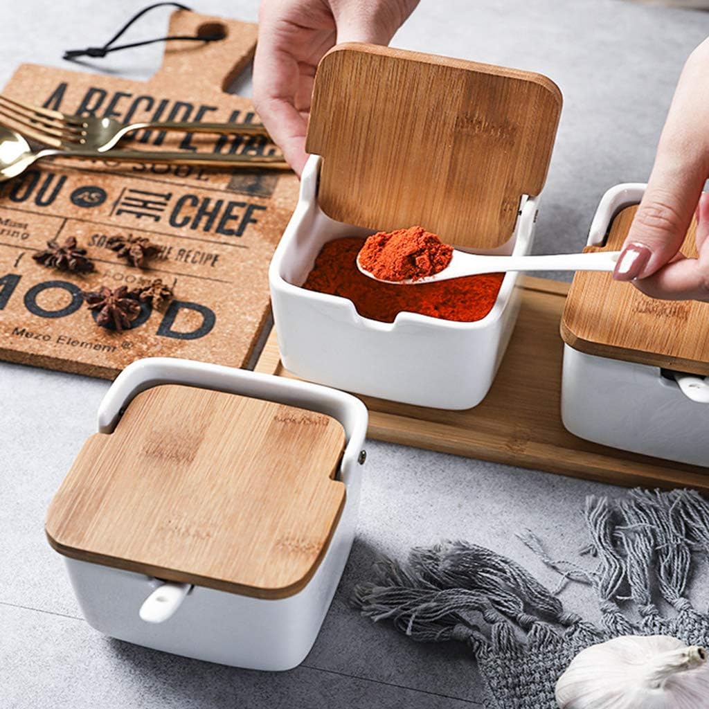 9.1 FL OZ Ceramic Condiment Jar【1 pc/set】- TIANGR Sugar and Salt Container with Natural Bamboo Lid,Spoons - Ideal Sugar Bowl Condiment Jar For Home,Kitchen,Counter (268ML)