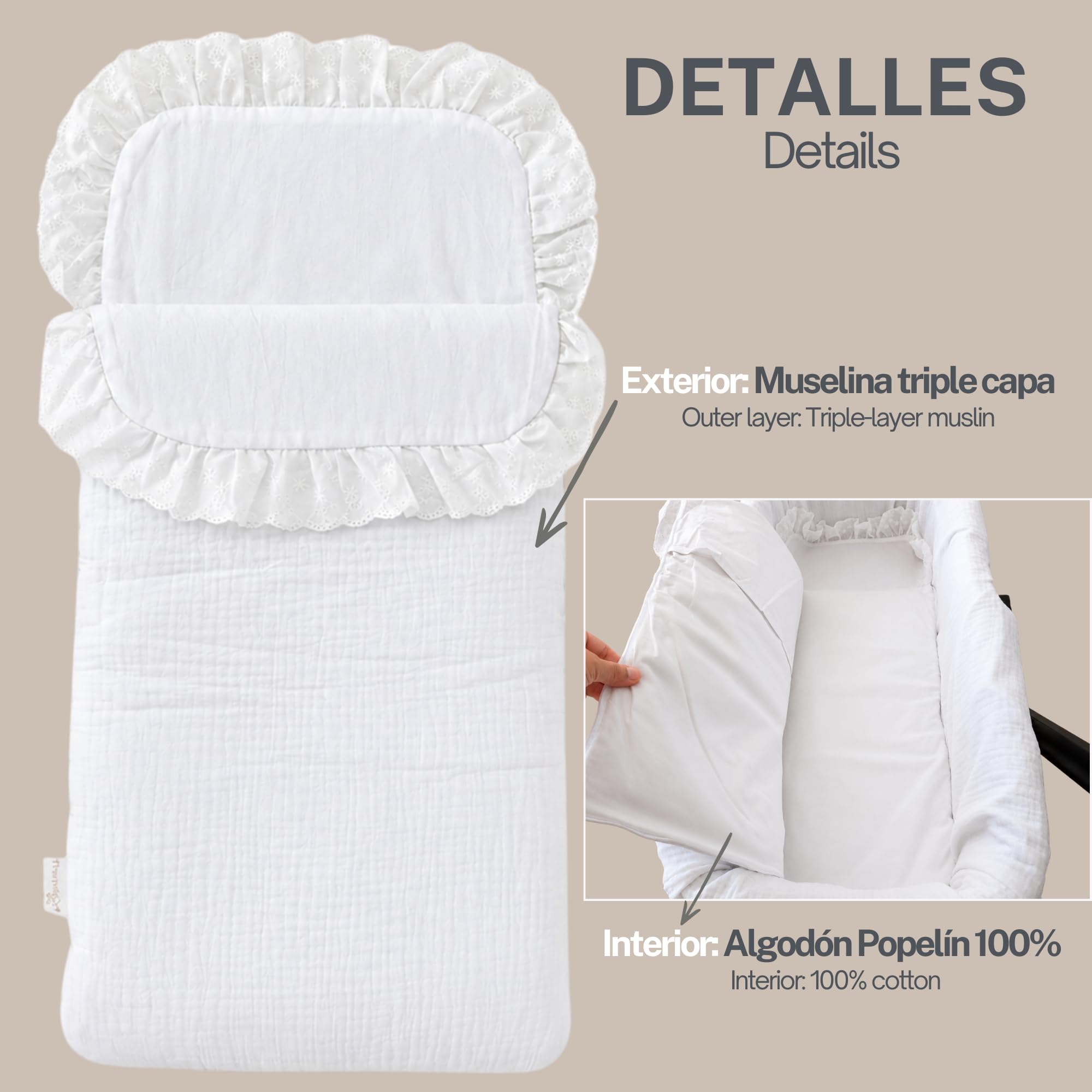 Thermikoa Saco Arrullo Bebé Recién Nacido 72x34 cm – Saco Capazo Universal (Blanco Muselina) - Tamaño Pequeño