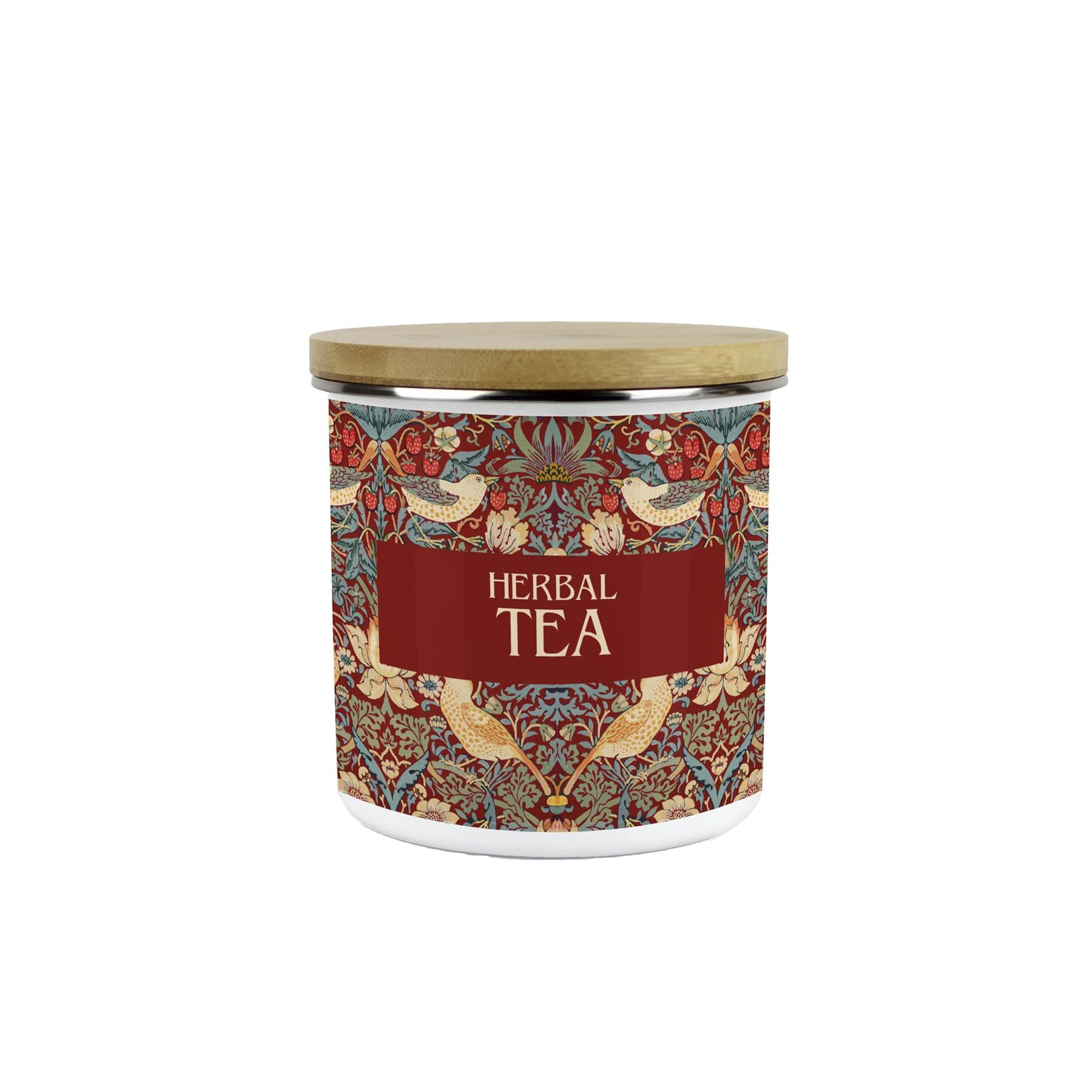 Red Strawberry Thief Herbal Tea Canister - Medium Enamel & Bamboo Container